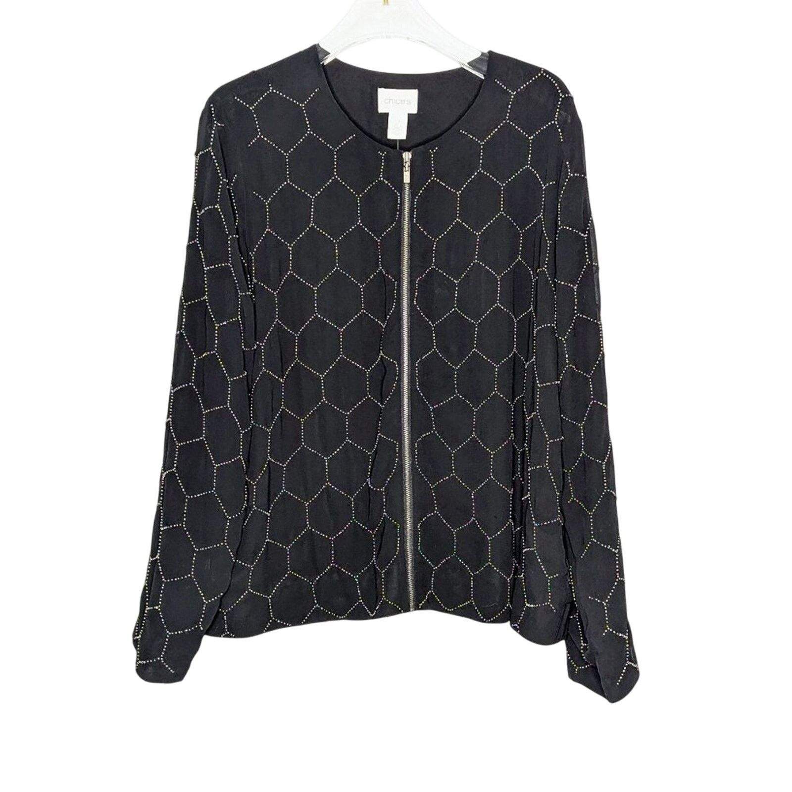 Chicos Chico's Black Long Sleeve Beaded Bomber Jacket Full Zip NWT Size L / US 10 / IT 46 - 1 Thumbnail