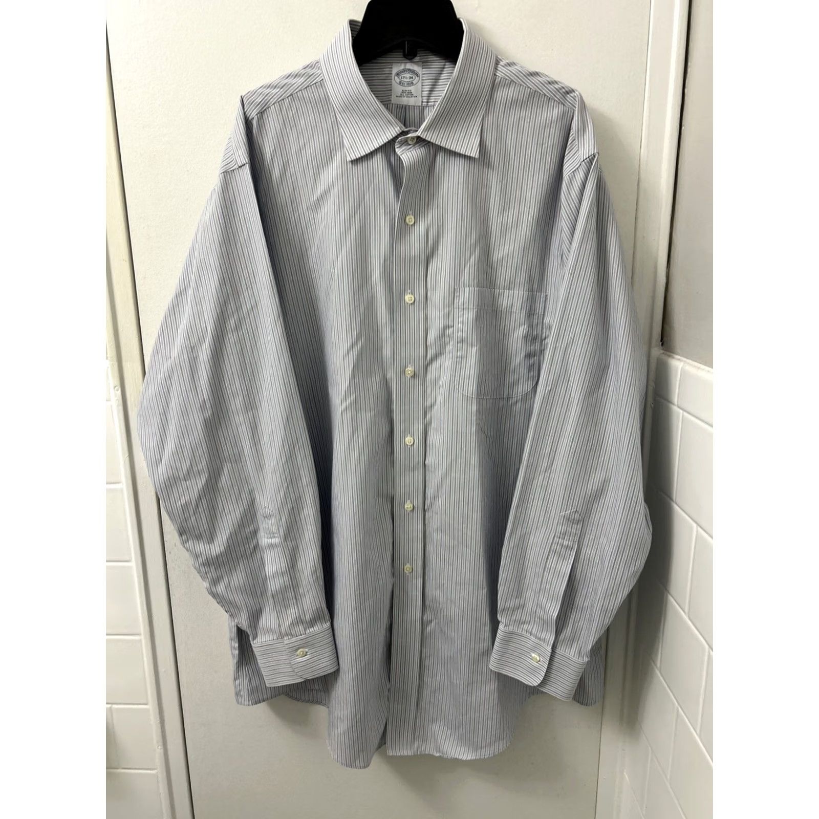 Brooks Brothers Brooks Brothers Shirt Mens 17.5 Blue White Striped Slim Fit Button-Up L/S Size US XXL / EU 58 / 5 - 2 Thumbnail