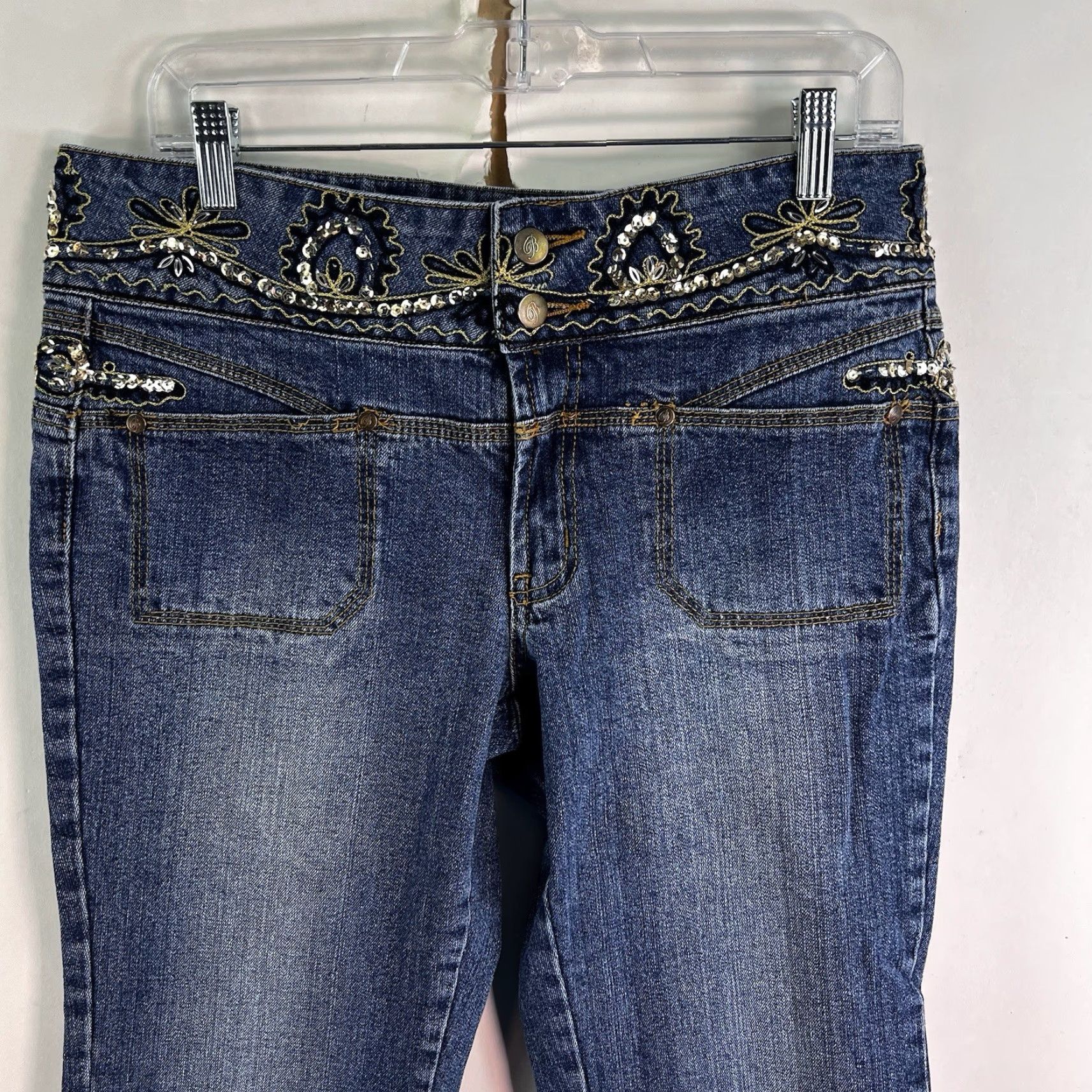 Vintage VINTAGE BISOU BISOU Women's Bootcut Jeans 12 Blue 90s Embellished Rhinestone Floral Denim Spandex Size 34" / US 12 / IT 48 - 2 Thumbnail