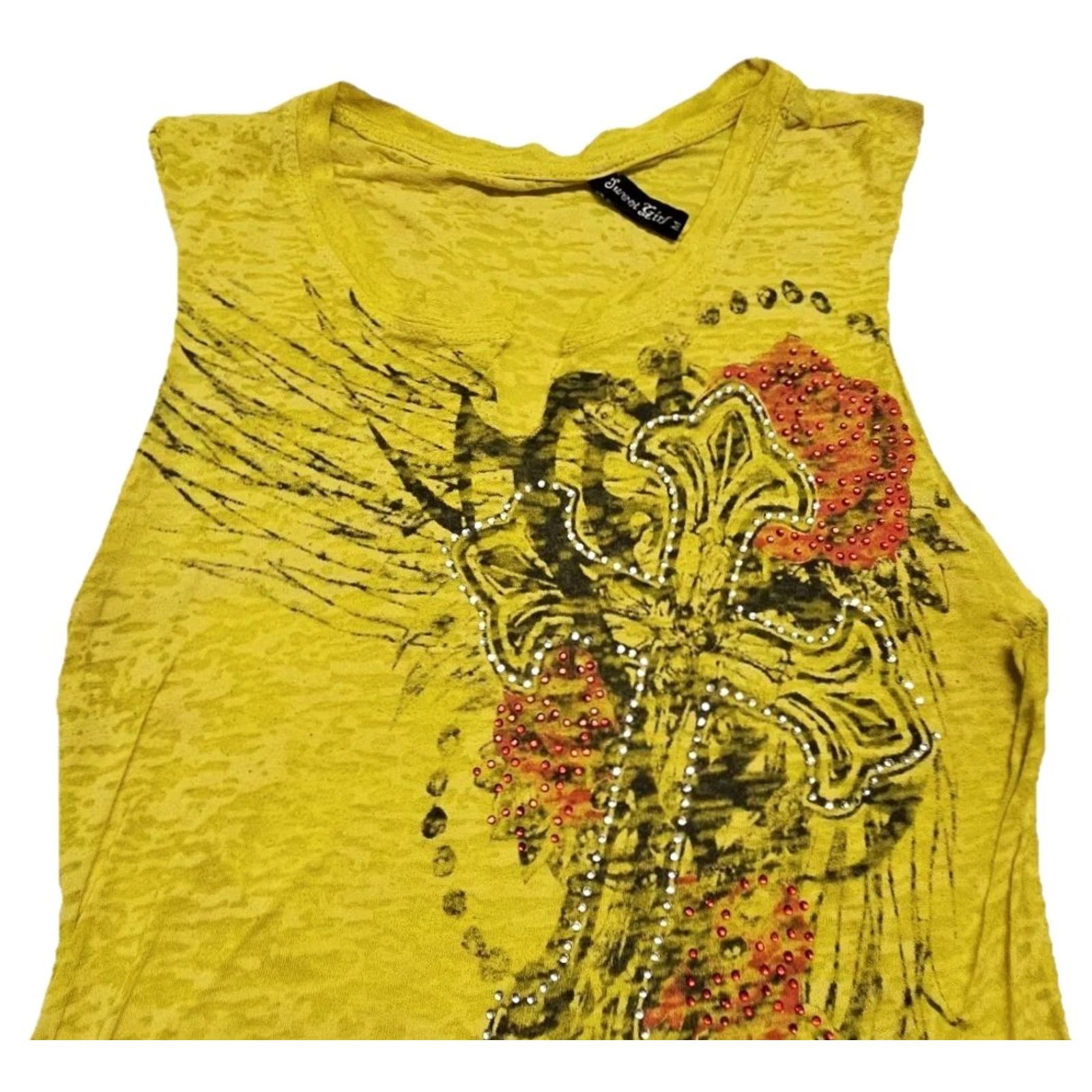 Vintage VINTAGE Sweet Girl Yellow Cross Graphic Rhinestone Womens Medium Tank Top Sleeveless Grunge Y2K Casual Womens Size M / US 6-8 / IT 42-44 - 3 Thumbnail