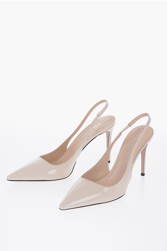 image of Prada Pointed Patent Leather Pumps Heel Shoes 10 Cm in Beige, Women's (Size 11)
