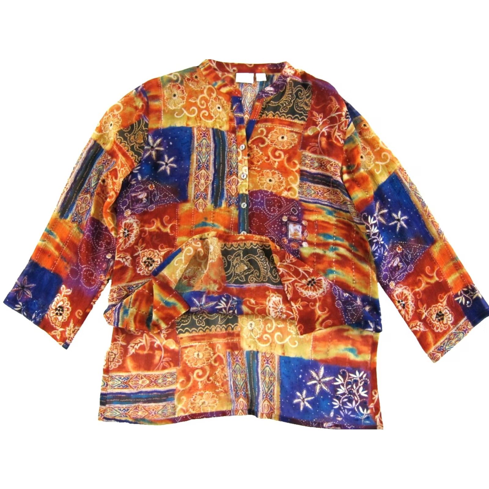 Vintage Chico's Blouse Shirt 2/L Orange Purple Green Floral Sequin Silk Pullover 100% Cotton Satin Sheer Casual 70s Bohemian Floral Womens Size L / US 10 / IT 46 - 4 Thumbnail