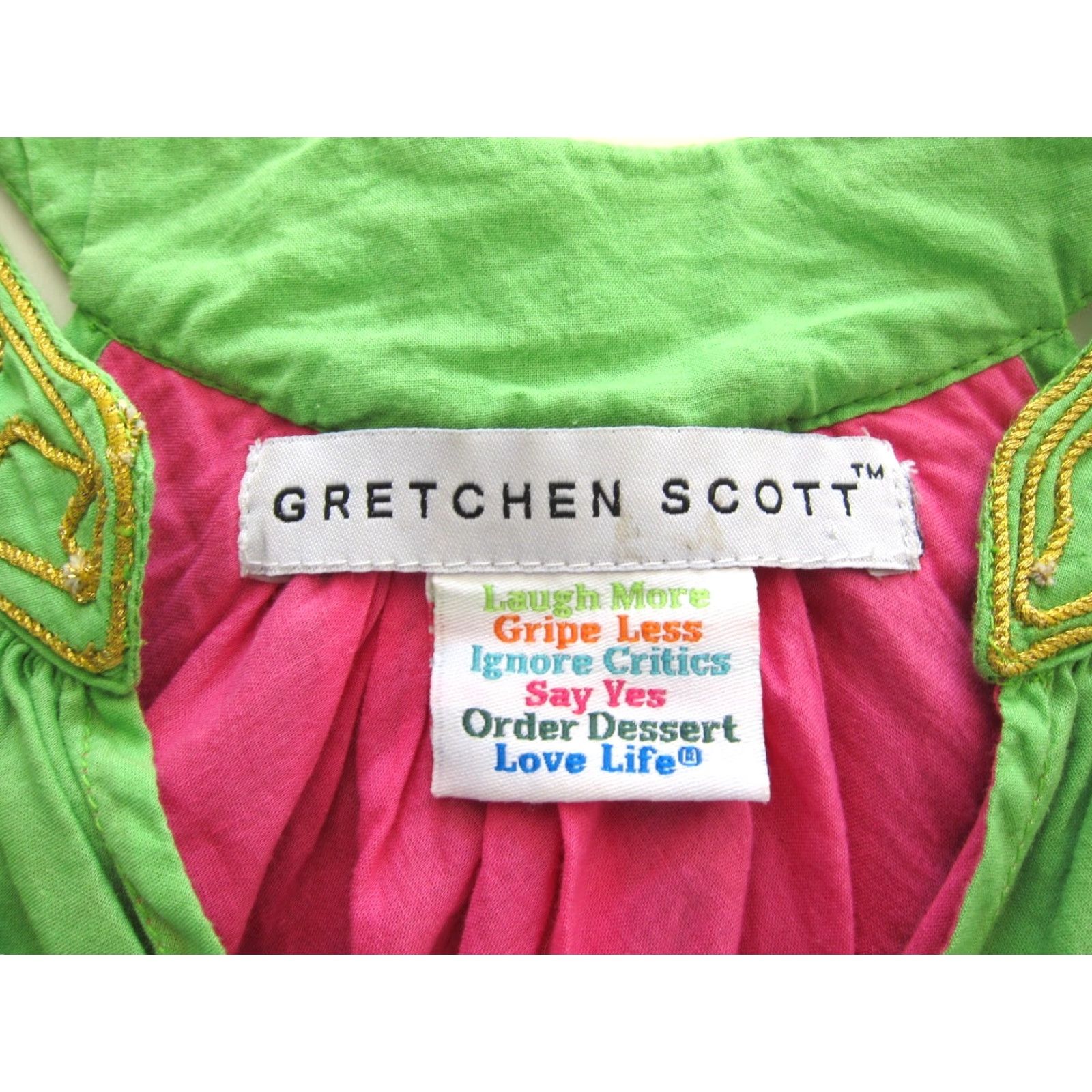 Vintage Gretchen Scott 100% Cotton Green Embroidered Gold Tunic Tank Dress M-L - Vintage Women's Maxi Kaftan Sleeveless V-Neck Pullover Dress Size M / US 6-8 / IT 42-44 - 4 Thumbnail