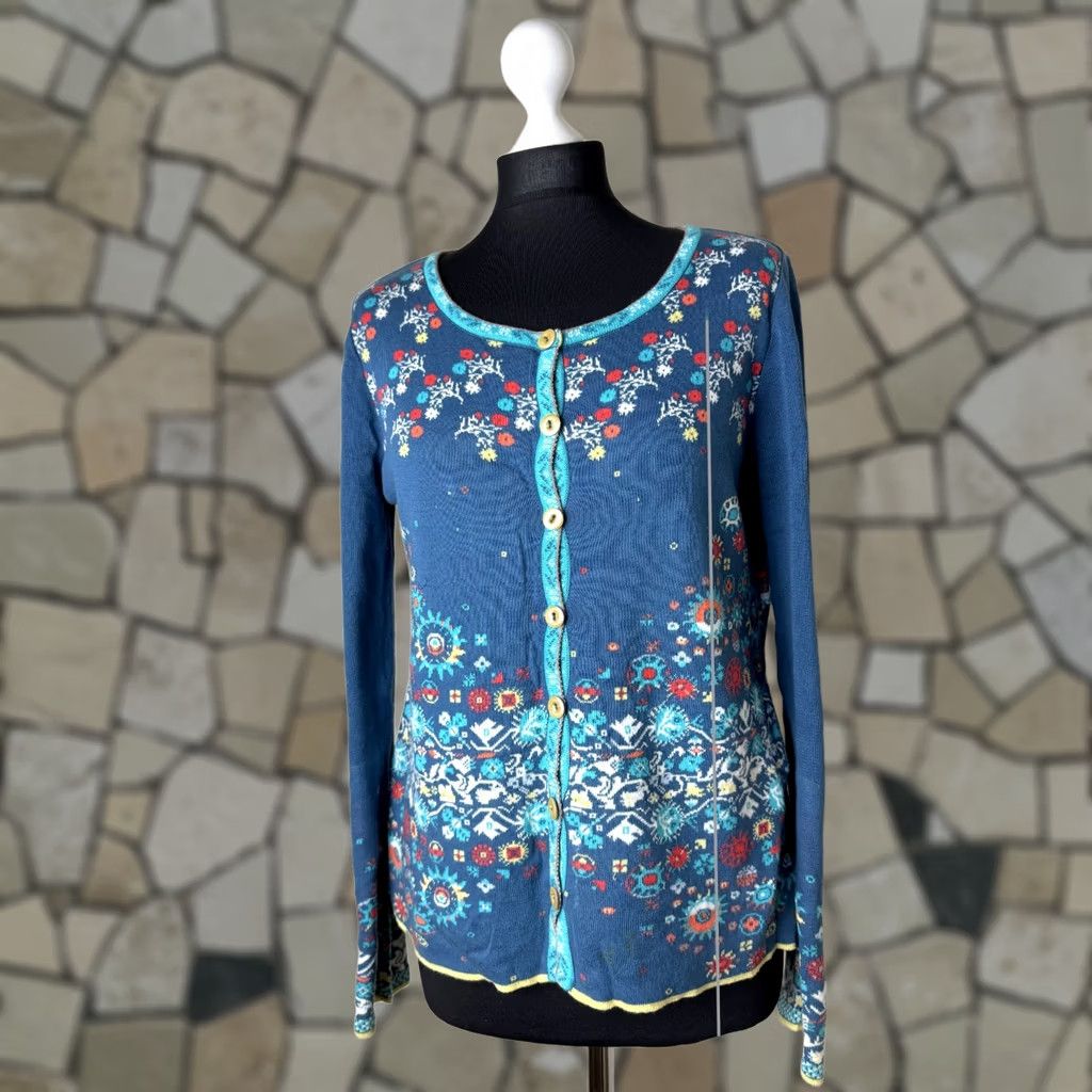 Vintage IVKO Cardigan Jumper Womens Cotton Crew Neck Size 40 Blue Boho Ethnic Size S / US 4 / IT 40 - 1 Thumbnail