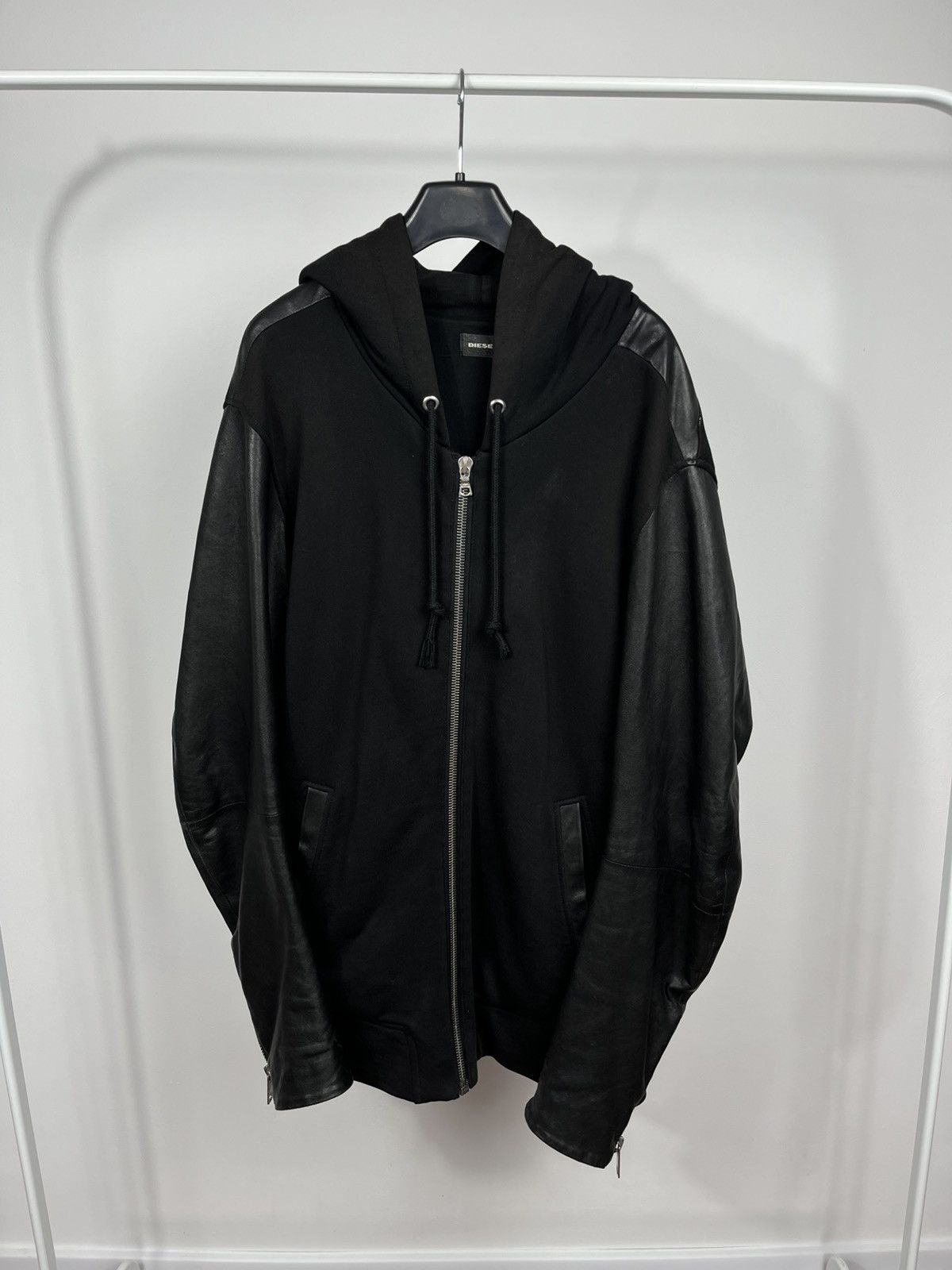 Diesel Diesel Black Zip Hoodie Jacket XL Genuine Leather Sleeves Size US XL / EU 56 / 4 - 2 Thumbnail