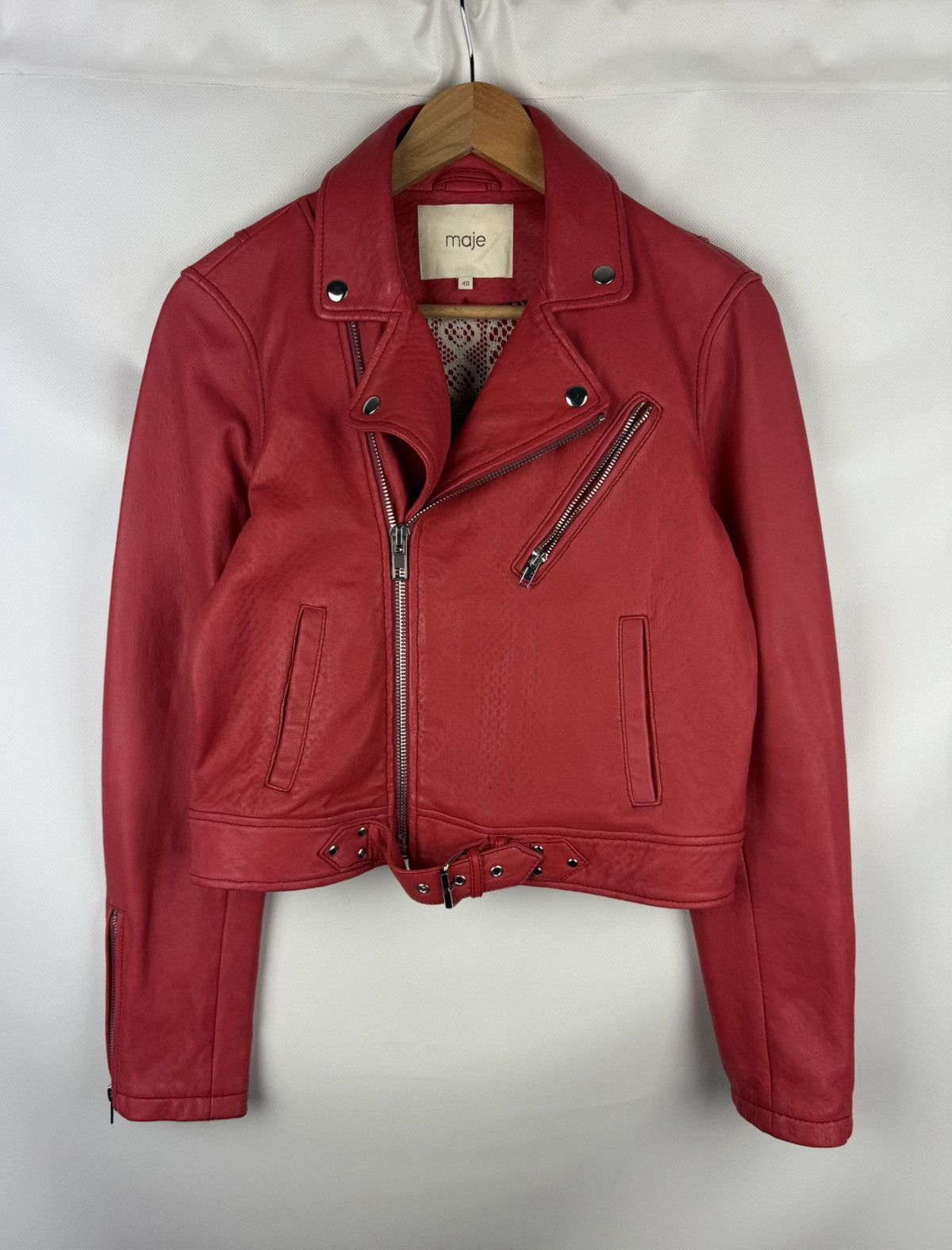 Maje Maje Ladies Full Zip Real Leather Belted Biker Jacket Size S / US 4 / IT 40 - 1 Thumbnail