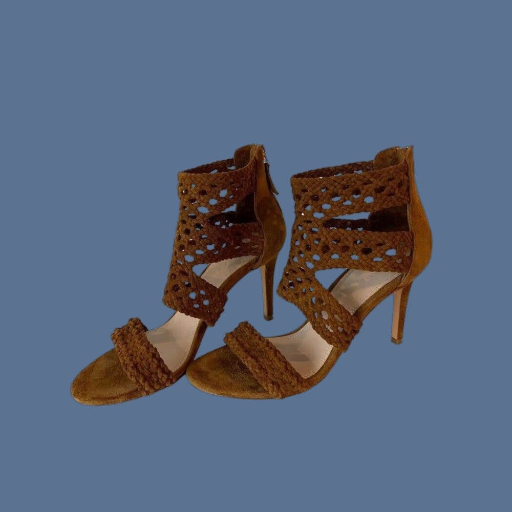 Sandro Sandro Agate Sandals Brown Suede Braid Stiletto 3.75" Heel Womens Strappy Size 8.5 Size US 9 / IT 39 - 1 Thumbnail