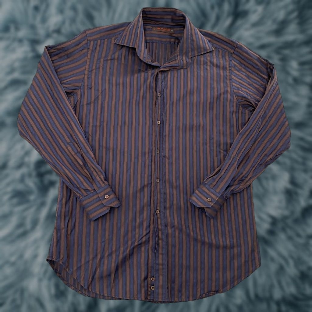 ETRO Shirt Adult 41 Blue Milano Button-Up Long Sleeve Mens Italy Vintage/Classic Striped Cotton Multicolor 90s Theme Mens