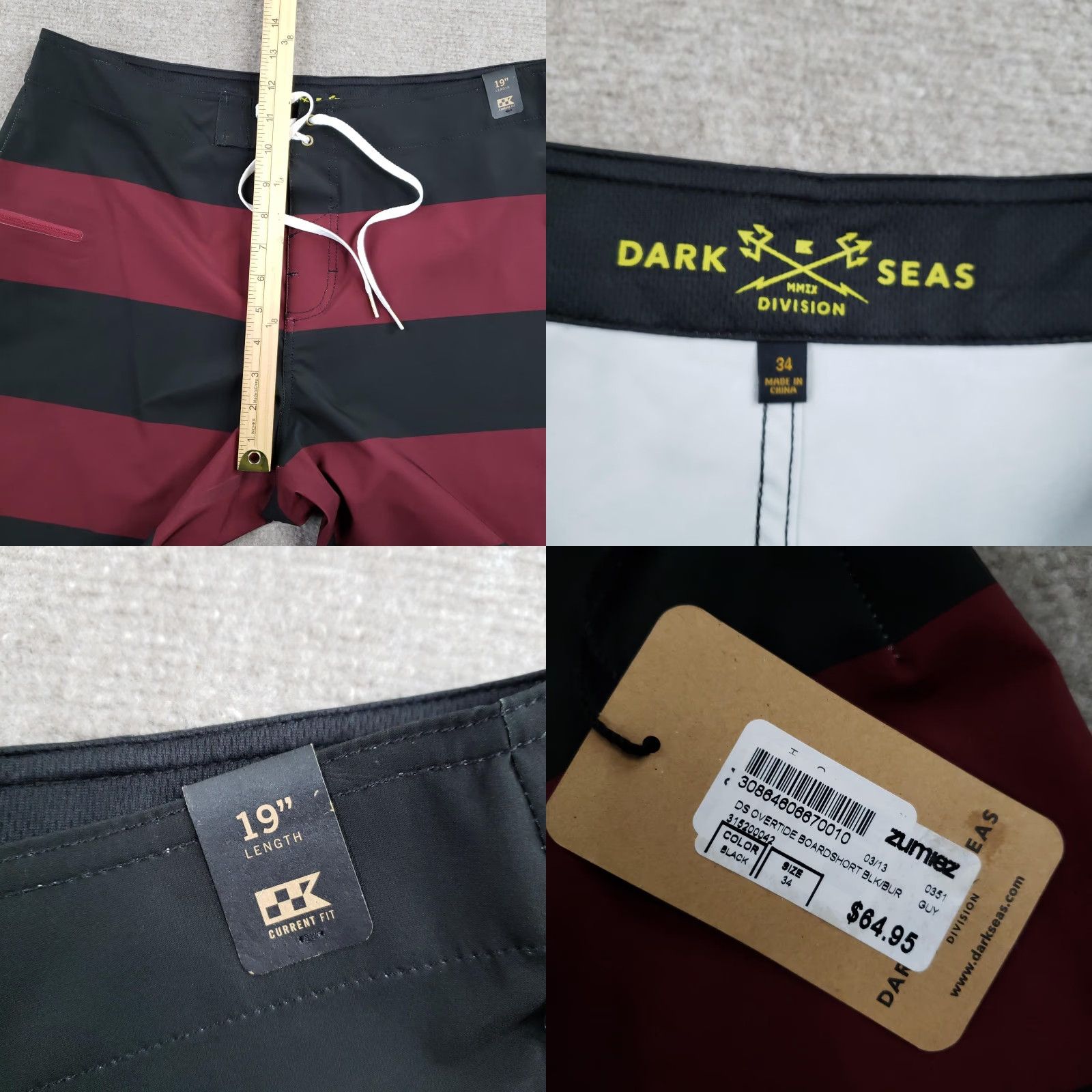 Vintage Dark Seas Overtide Board Shorts Mens 34 Black Striped Drawstring Back Pocket Size US 34 / EU 50 - 8 Thumbnail