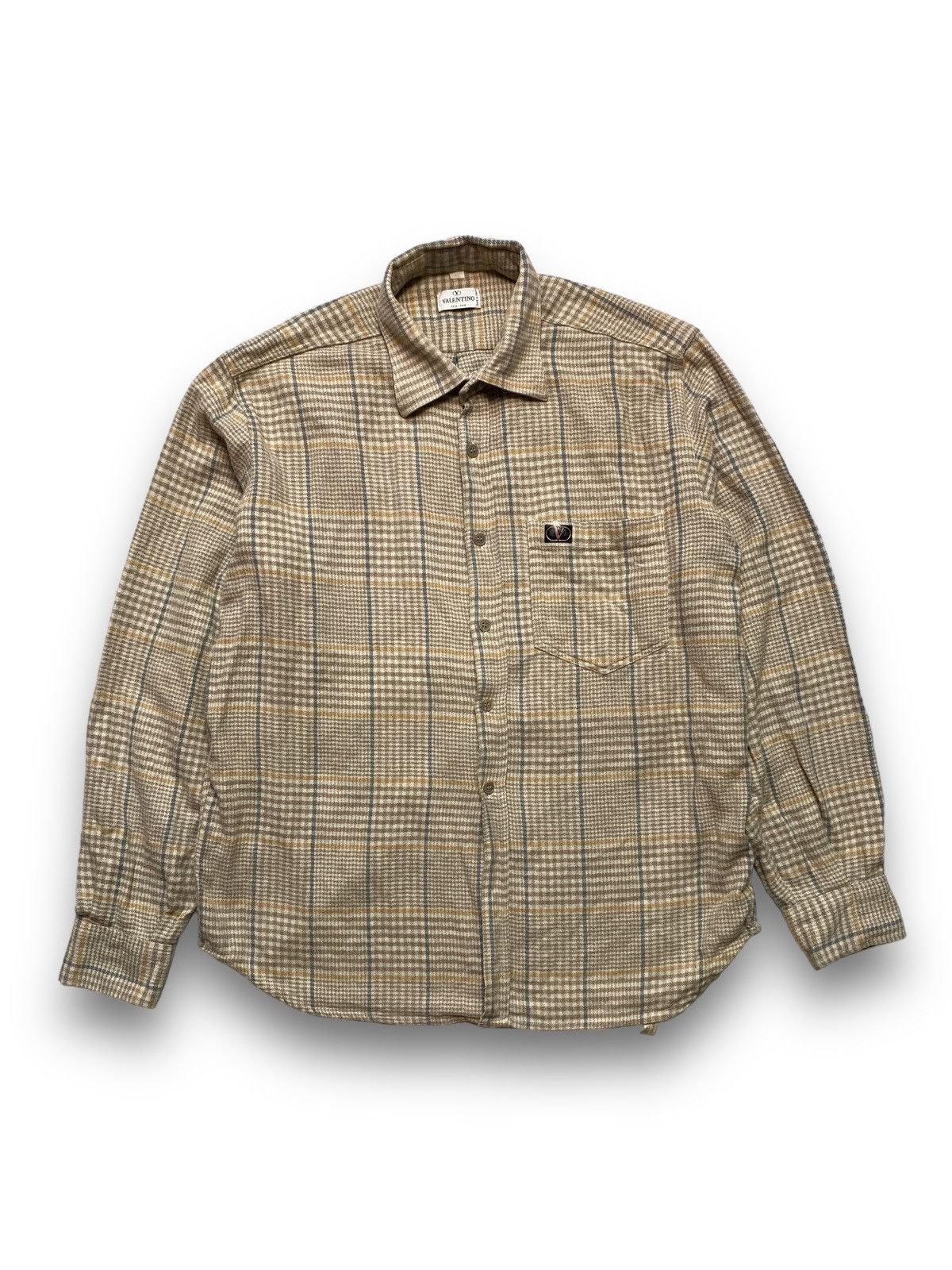 image of Valentino Flannel Shirt Beige Tan Vintage 90's Streetwear, Men's (Size XL)