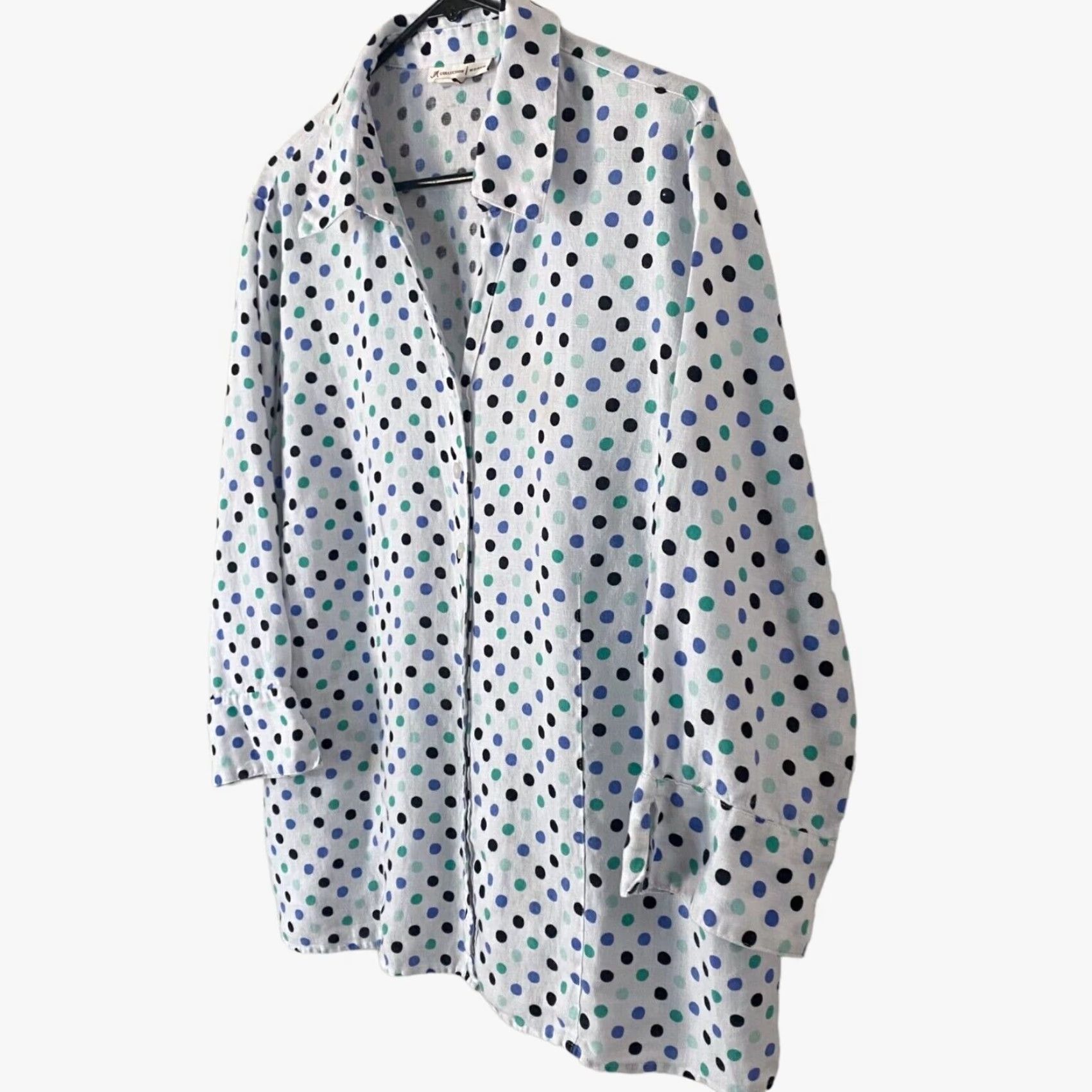 JM Collection VINTAGE JM Collection Linen Polka Dot Button-Up Shirt Blouse White Womens 18W Plus Size 18W (No, not vintage since not specified) Size XXL / US 16-18 / IT 52-54 - 2 Thumbnail