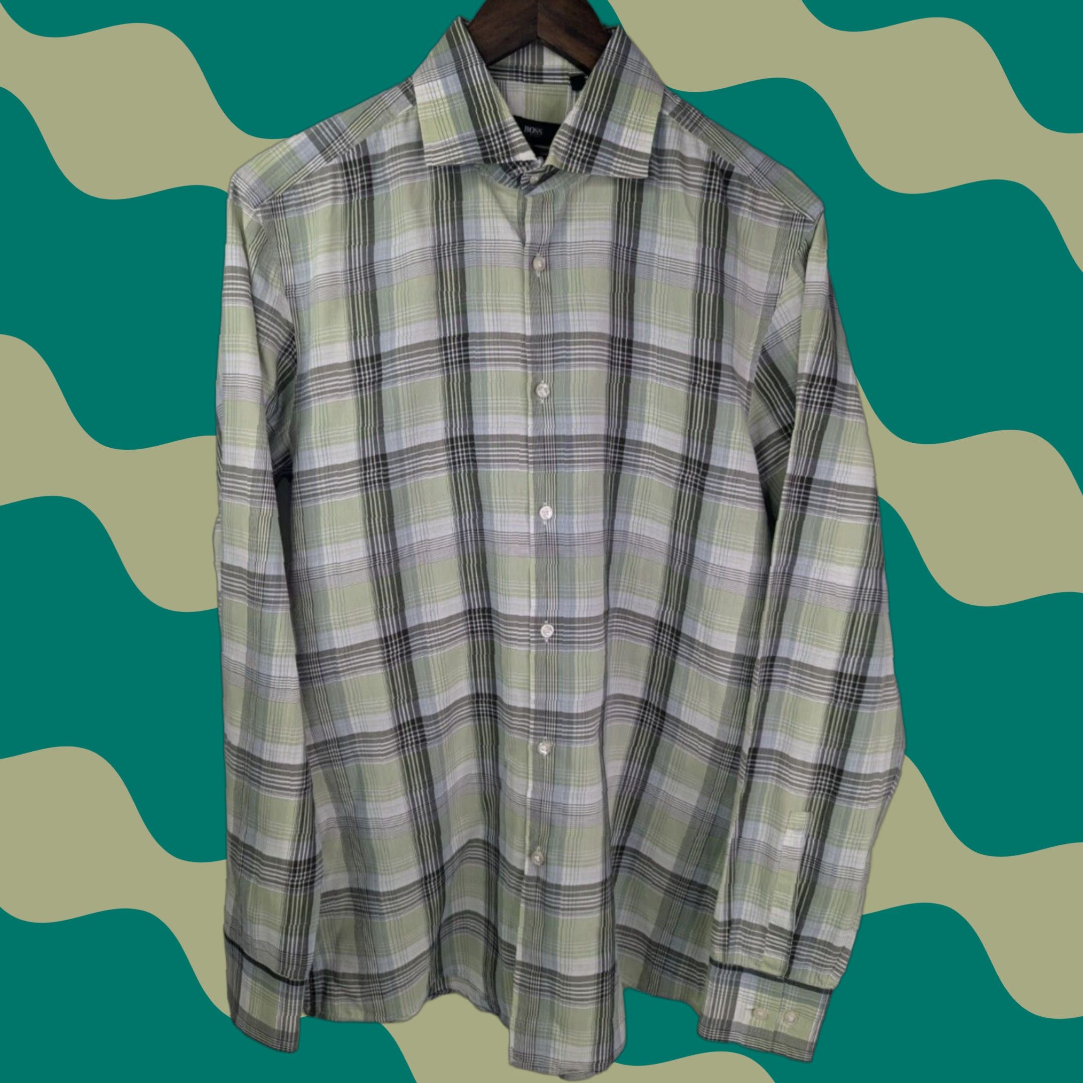 Hugo Boss HUGO BOSS Dress Shirt Slim Fit 16 Green Plaid 100% Cotton Italian Fabric Spread Collar Mens Shirt Size 42R - 1 Thumbnail