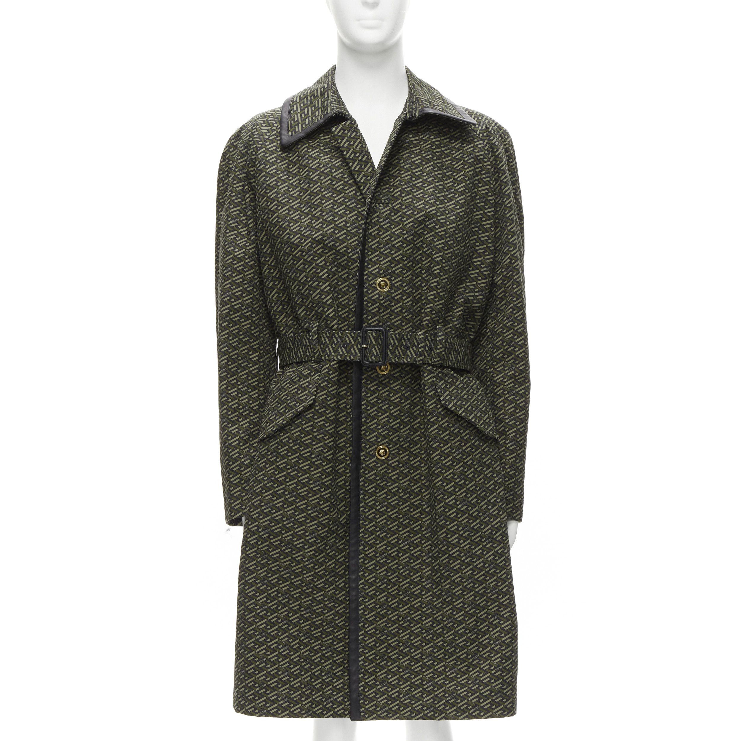Versace VERSACE 2021 La Greca green graphic leather Medusa Mac trench coat IT52 XL Size US XL / EU 56 / 4 - 1 Thumbnail
