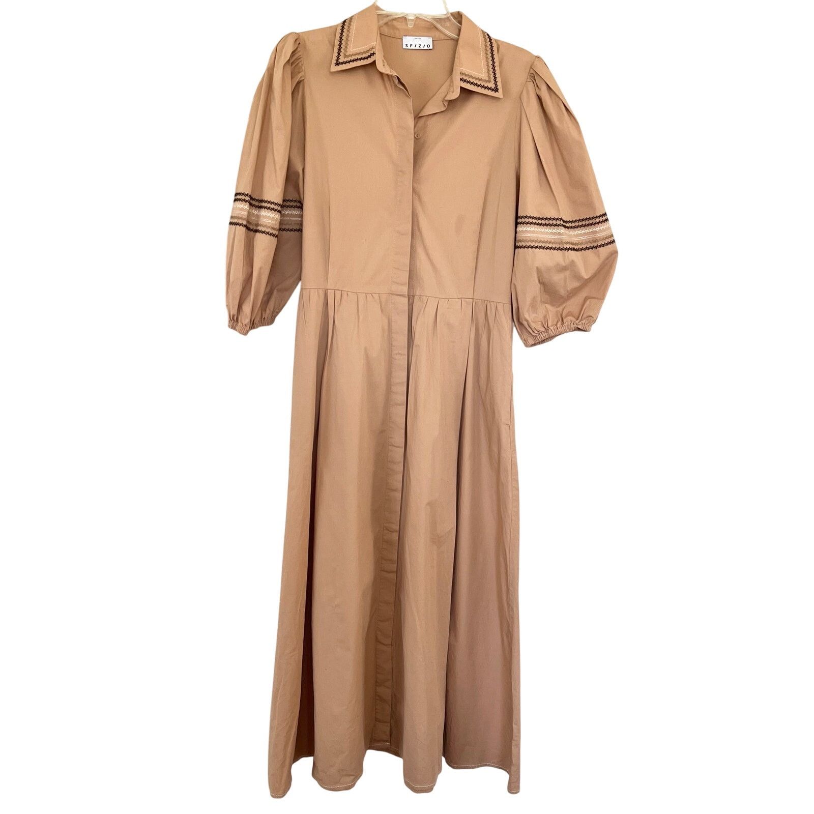 Other Sfizio Tan Embroidered Poplin A-Line Midi Dress Size S / US 4 / IT 40 - 2 Thumbnail
