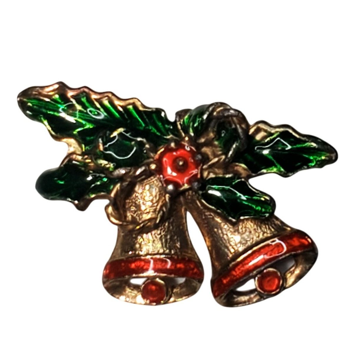 Other Enamel Holly Double Bells Bow Vtg Unsigned Brooch Pin 1" Size ONE SIZE - 1 Thumbnail