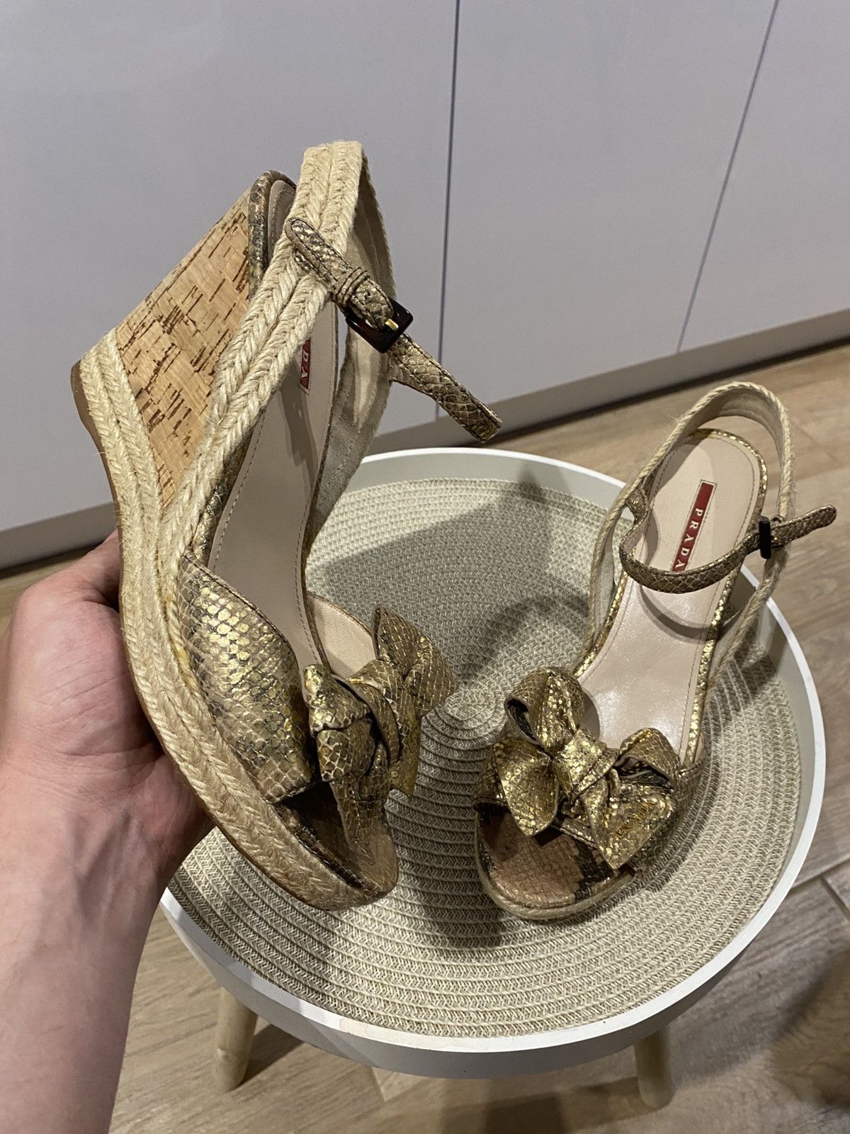 Prada Prada Bow Sandals with Ankle Strap Gold Snakeskin Leather Size US 11 / IT 41 - 8 Thumbnail