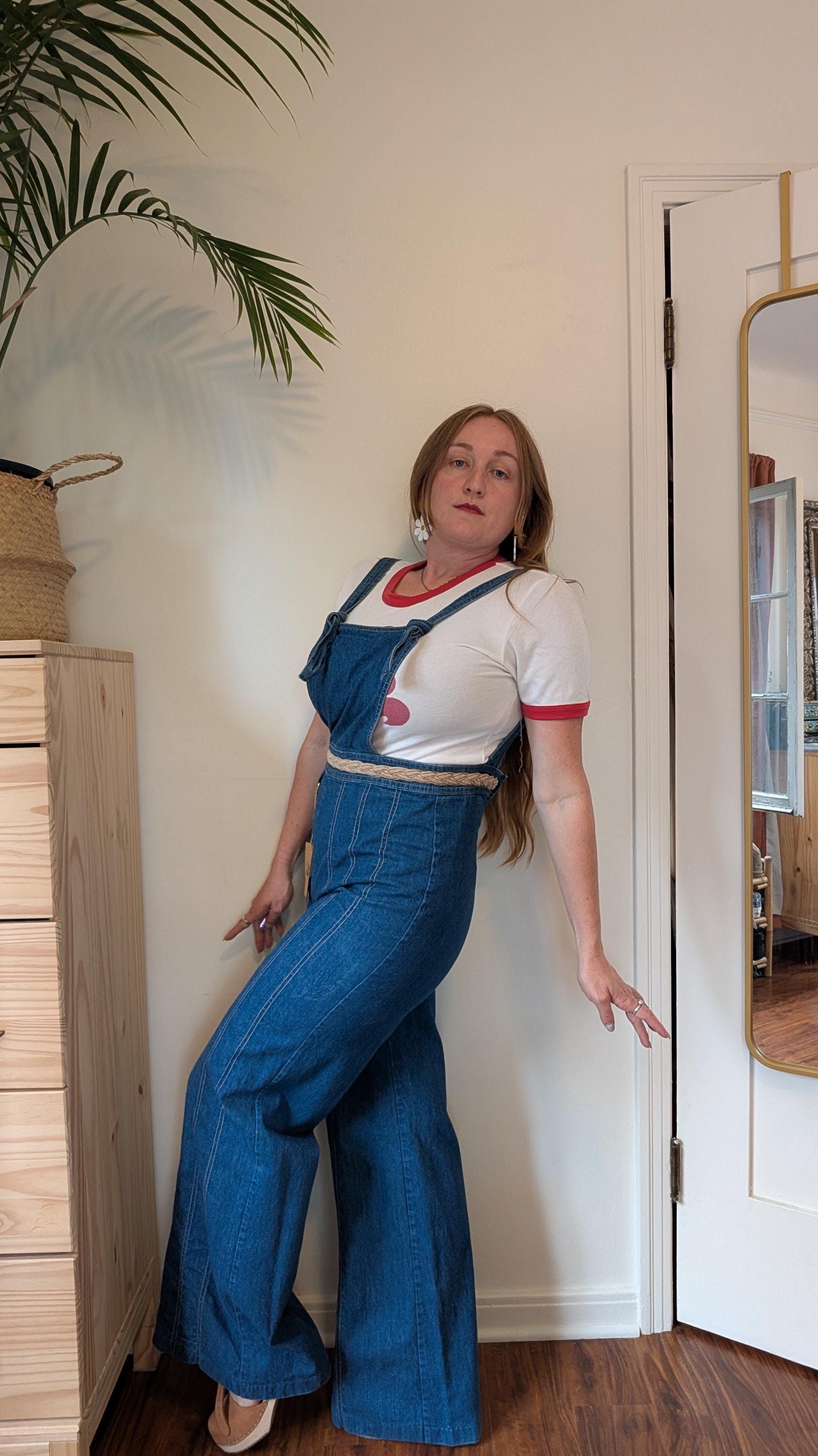 Sears Vintage 70s Jr Bazaar Flared Denim Jumpsuit Bib Overalls Size 27" / US 4 / IT 40 - 3 Thumbnail