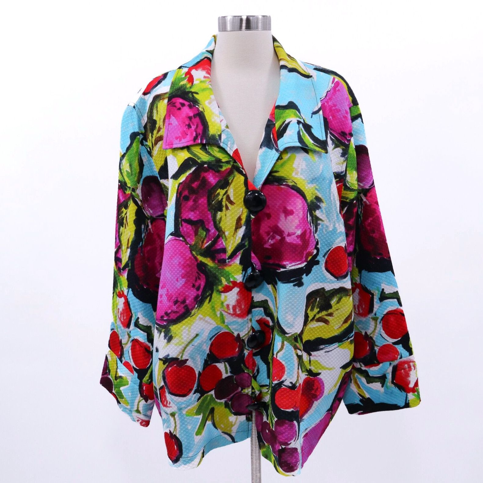 image of Vintage Caroline Rose Jacket Womens 2X Colorful Fruit Print Blue Pink Red Green in White (Size 2XL)