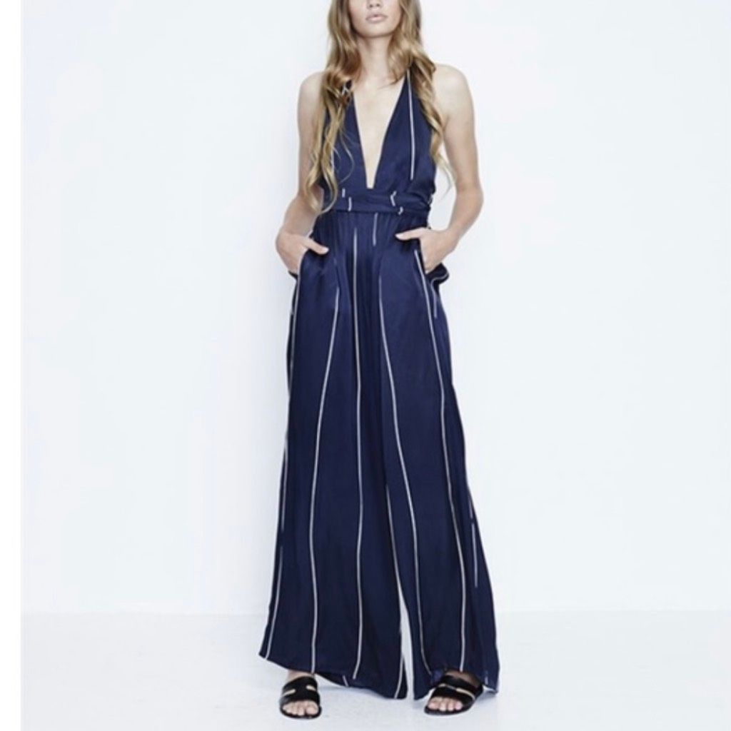 FAITHFULL Faithfull the Brand Riley Riptide Stripe Navy Silky Wide Leg Jumpsuit Women’s 2 Size 26" / US 2 / IT 38 - 5 Thumbnail