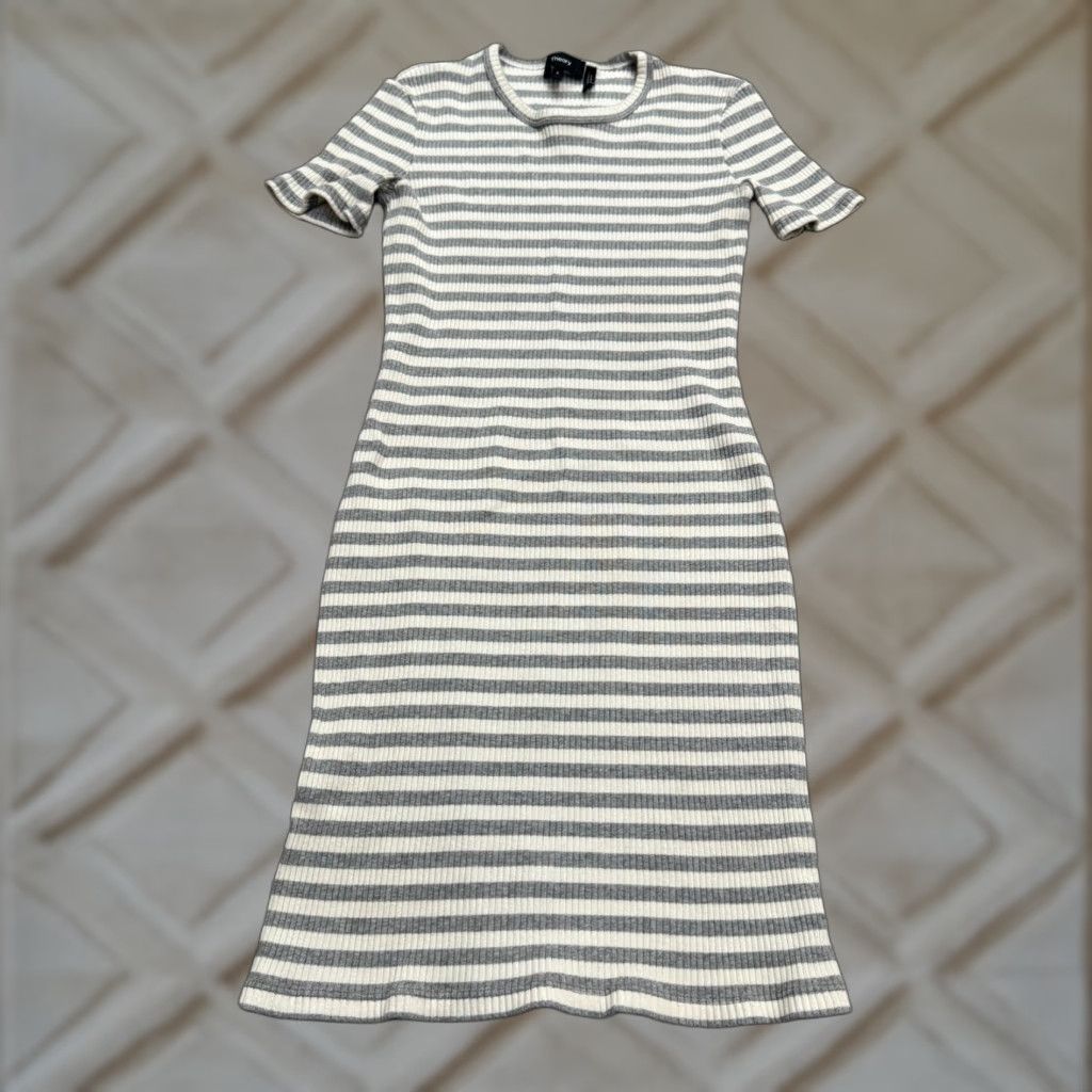 Theory Theory Bodycon Midi Dress Womens XSP Gray White Striped Crew Neck Knit Ribbed Cotton Blend Short Sleeve Vintage No Size XS / US 0-2 / IT 36-38 - 1 Thumbnail