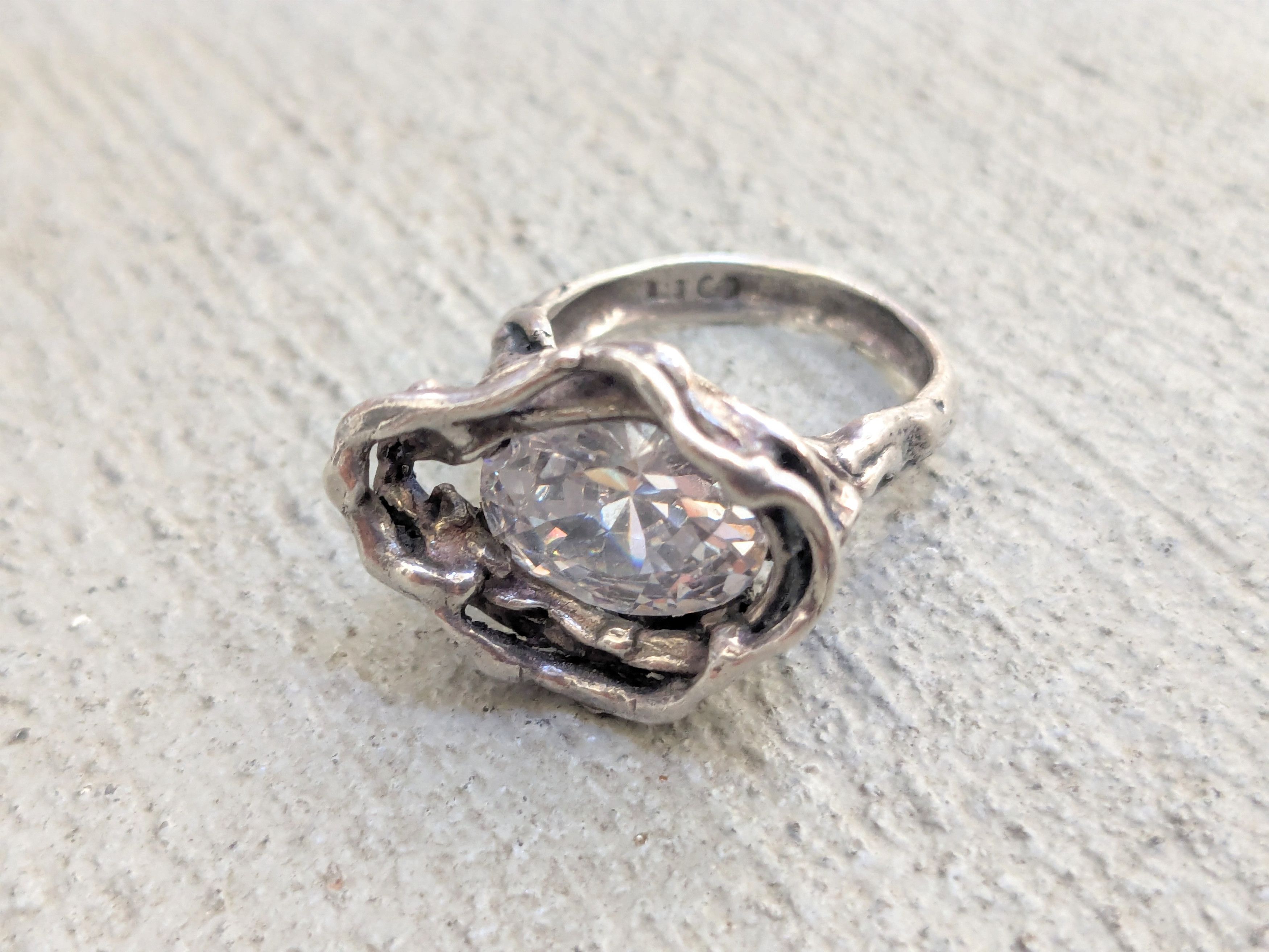 Jewelry × Vintage Sterling Silver Ring 6.75 CZ Brutalist Modern Avant Garde Size ONE SIZE - 2 Thumbnail