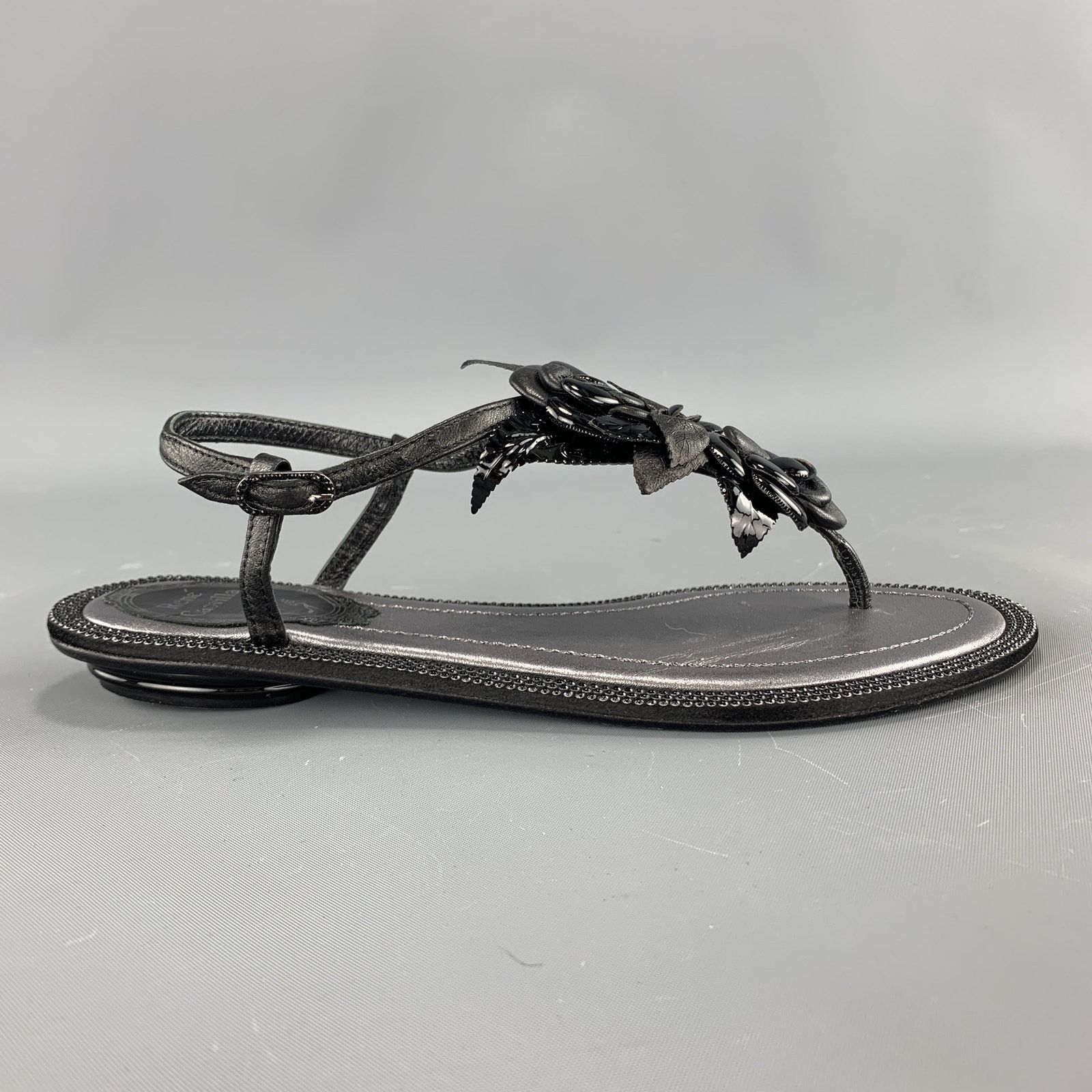 Rene Caovilla It 34 Black Leather Rose T Strap Sandals, Women's — image 5 of 6