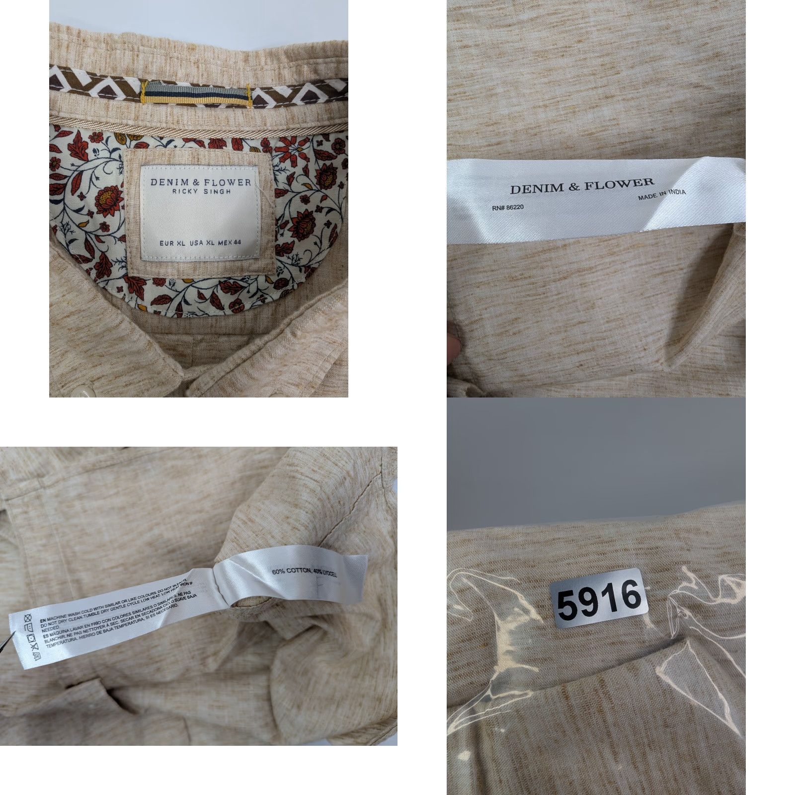 Denime Ricky Singh Shirt Mens XL Beige Denim Flower L/S Floral Button Cuff Size US XL / EU 56 / 4 - 8 Thumbnail