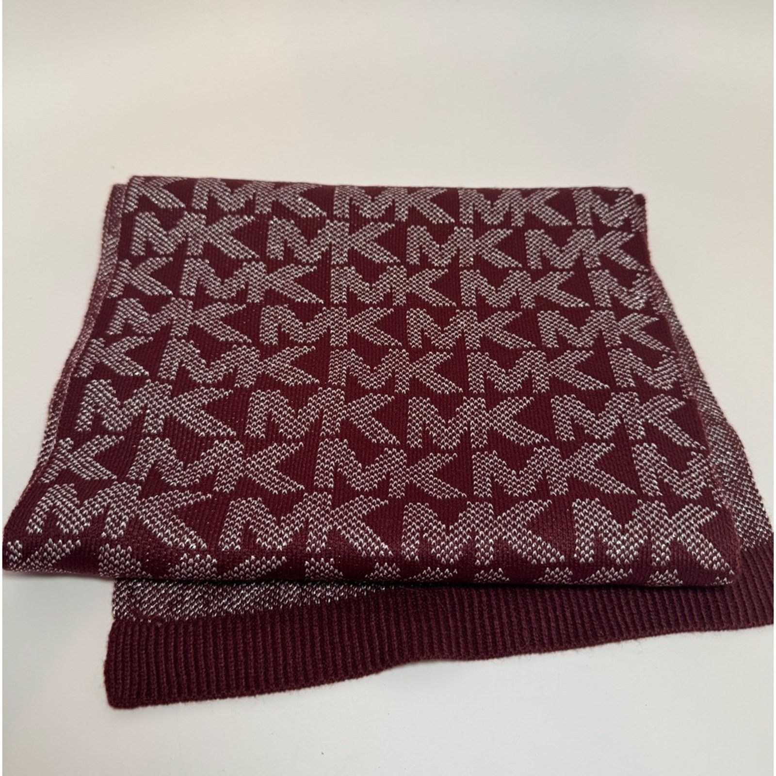 Michael Kors Michael Kors Scarf Winter Burgundy Glitter Silver Monogram Size ONE SIZE - 2 Thumbnail