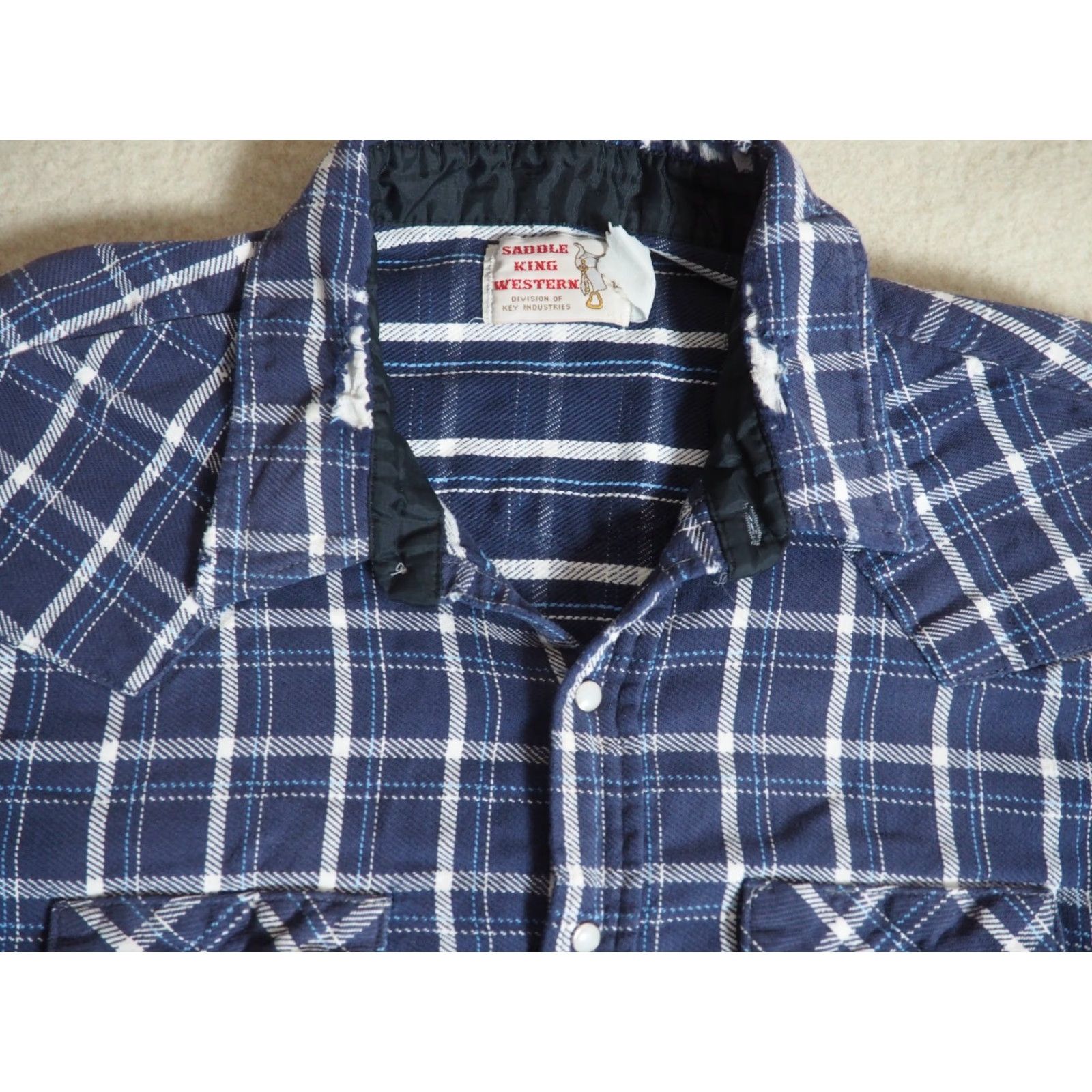 Vintage VTG Saddle King Cotton Blue White Western Flannel Grunge Pearl Snap Shirt 2X Size US XXL / EU 58 / 5 - 2 Thumbnail