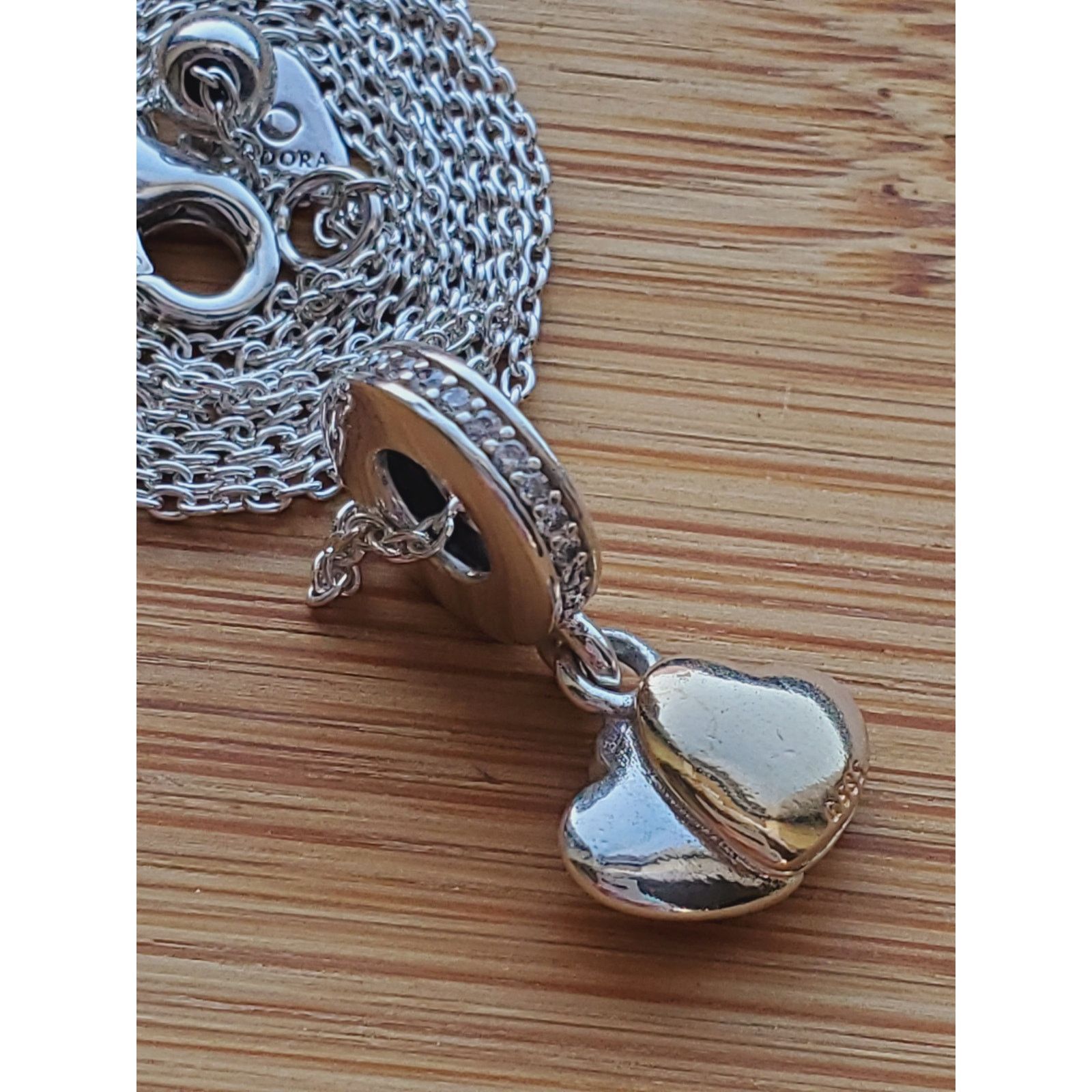 pandora Pandora Sterling Silver Two Tone Double Heart Charm Necklace Size ONE SIZE - 1 Thumbnail