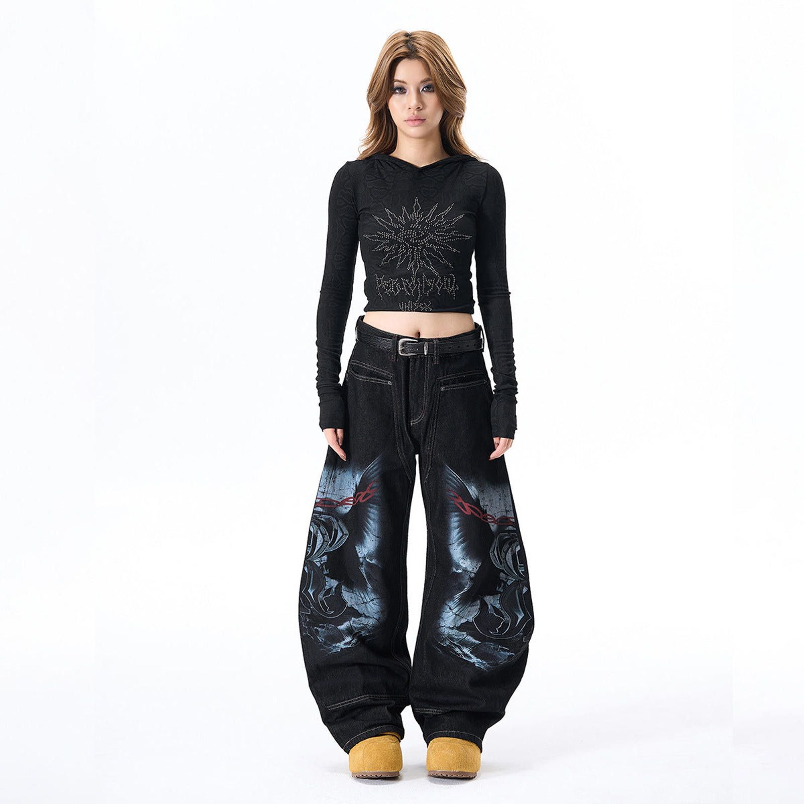 Vintage Black Graphic Wide Leg Jeans, Baggy Streetwear Pants Size 28" / US 6 / IT 42 - 3 Thumbnail