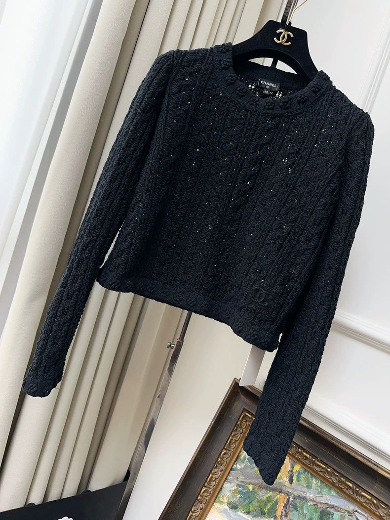 Chanel 24P black hollow flower knit crochet sweater
