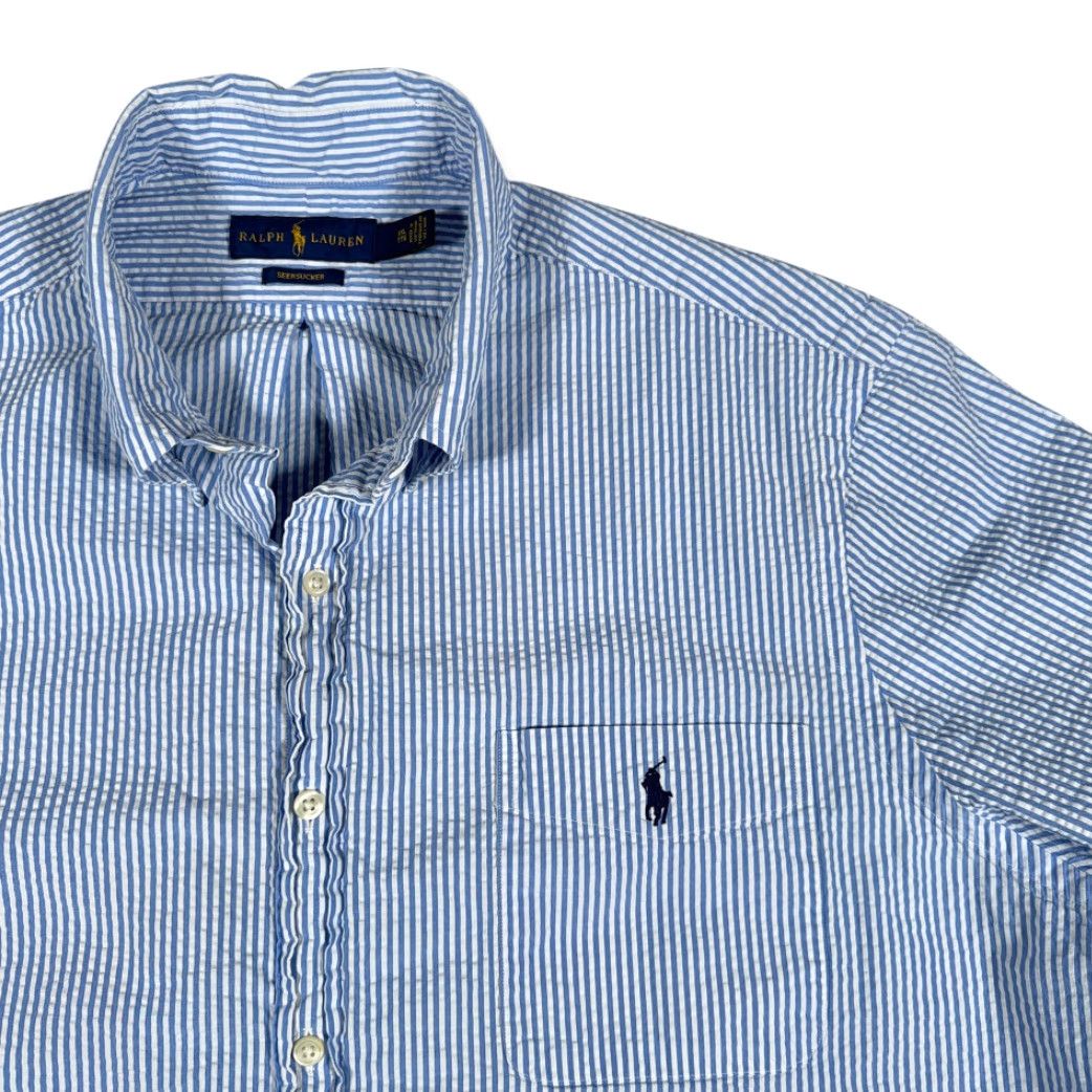 Ralph Lauren Ralph Lauren Shirt Adult 2XL Blue White Striped Seersucker Cotton Button-Up Collar Short Sleeve Embroidered Pony Pocket Size US XXL / EU 58 / 5 - 2 Thumbnail