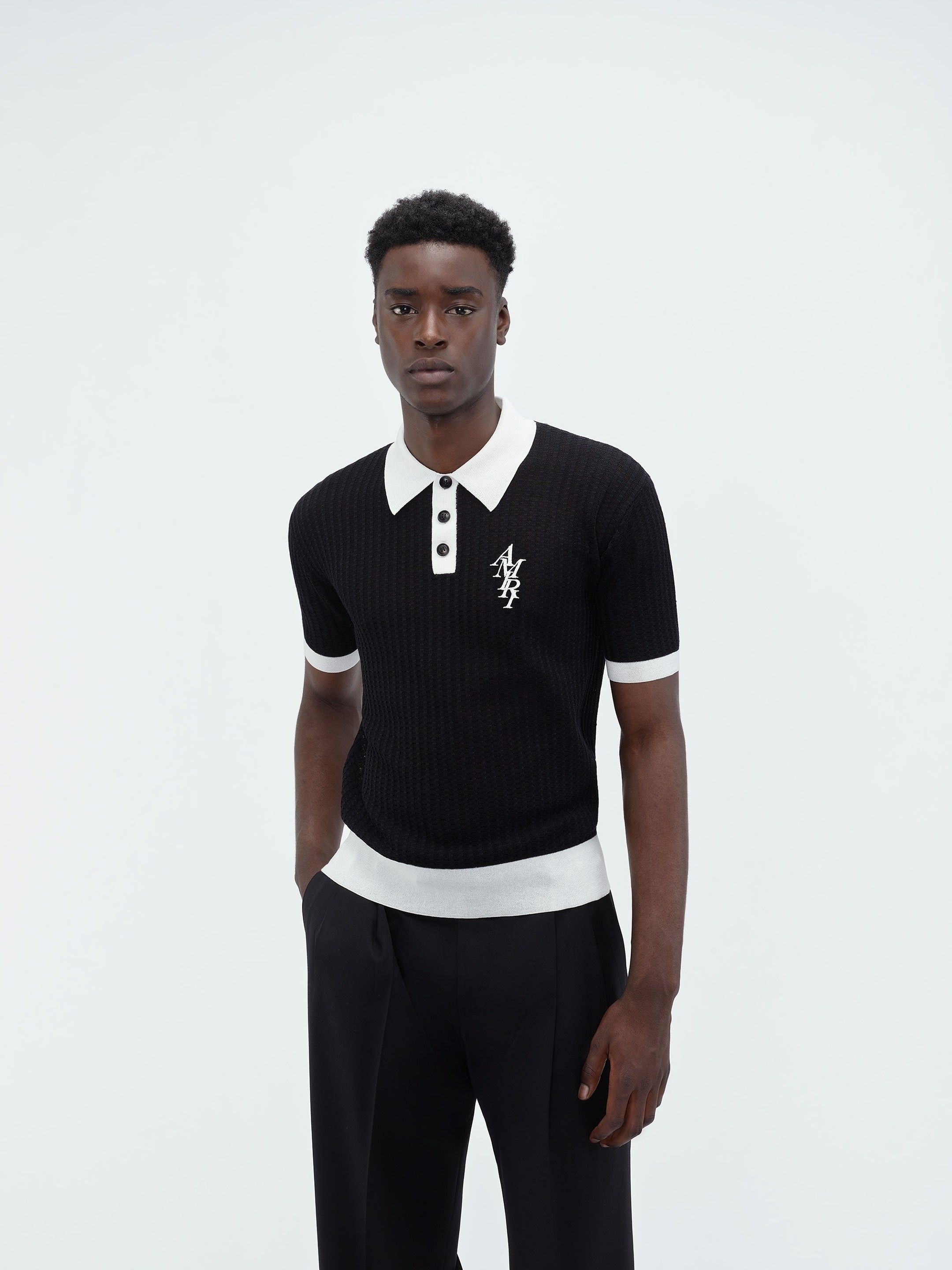 Amiri o1s1wg110525 Waffle Stitch Polo Shirt in Black/White Size US M / EU 48-50 / 2 - 3 Thumbnail