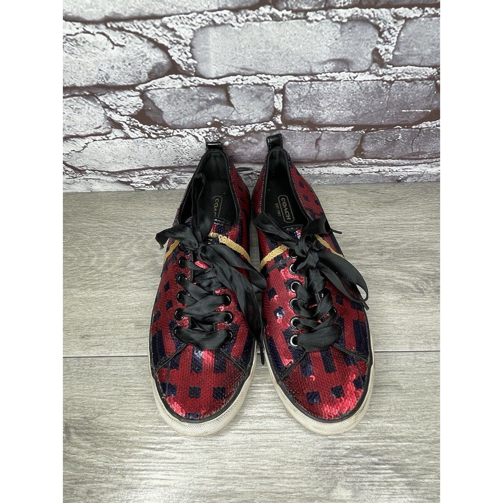 Coach Coach Willa Sequin Black Red Plaid Casual Ribbon Lace Sneake Size US 7.5 / IT 37.5 - 1 Thumbnail