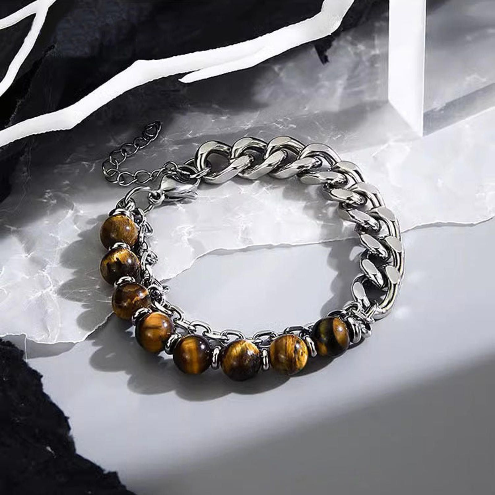 Jewelry Brown Tiger Eye Beaded Chain Bracelet, Chunky Silver Link Size ONE SIZE - 2 Thumbnail