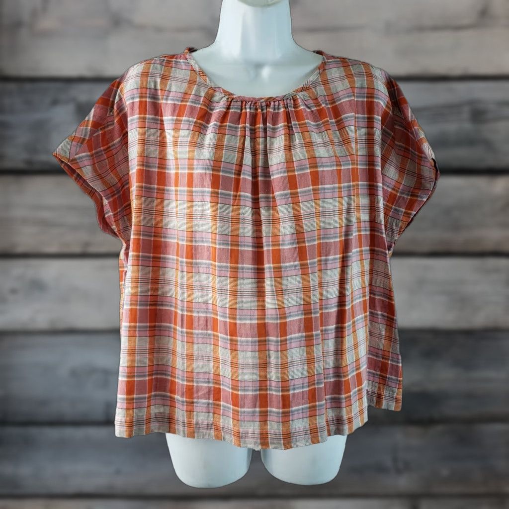 Madewell Madewell Womens Shirt XS Pink Orange Plaid Cotton Shirred Neck Boxy Top Size XS / US 0-2 / IT 36-38 - 1 Thumbnail