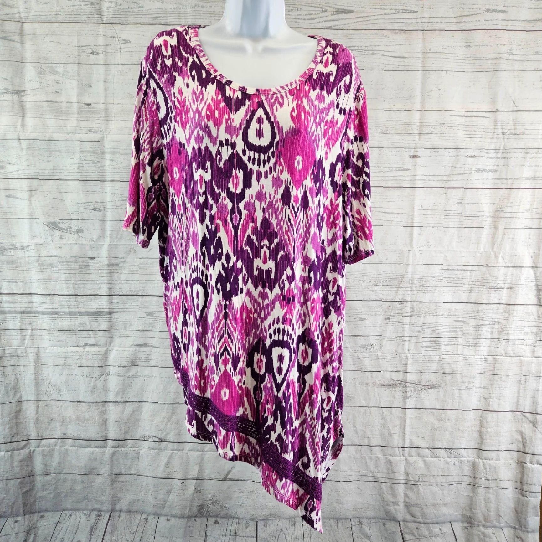 Vintage Chicos Womens Tunic Printed Sz XL Pink Purple Asymmetrical Hem Rayon Blend Size XL / US 12-14 / IT 48-50 - 2 Thumbnail