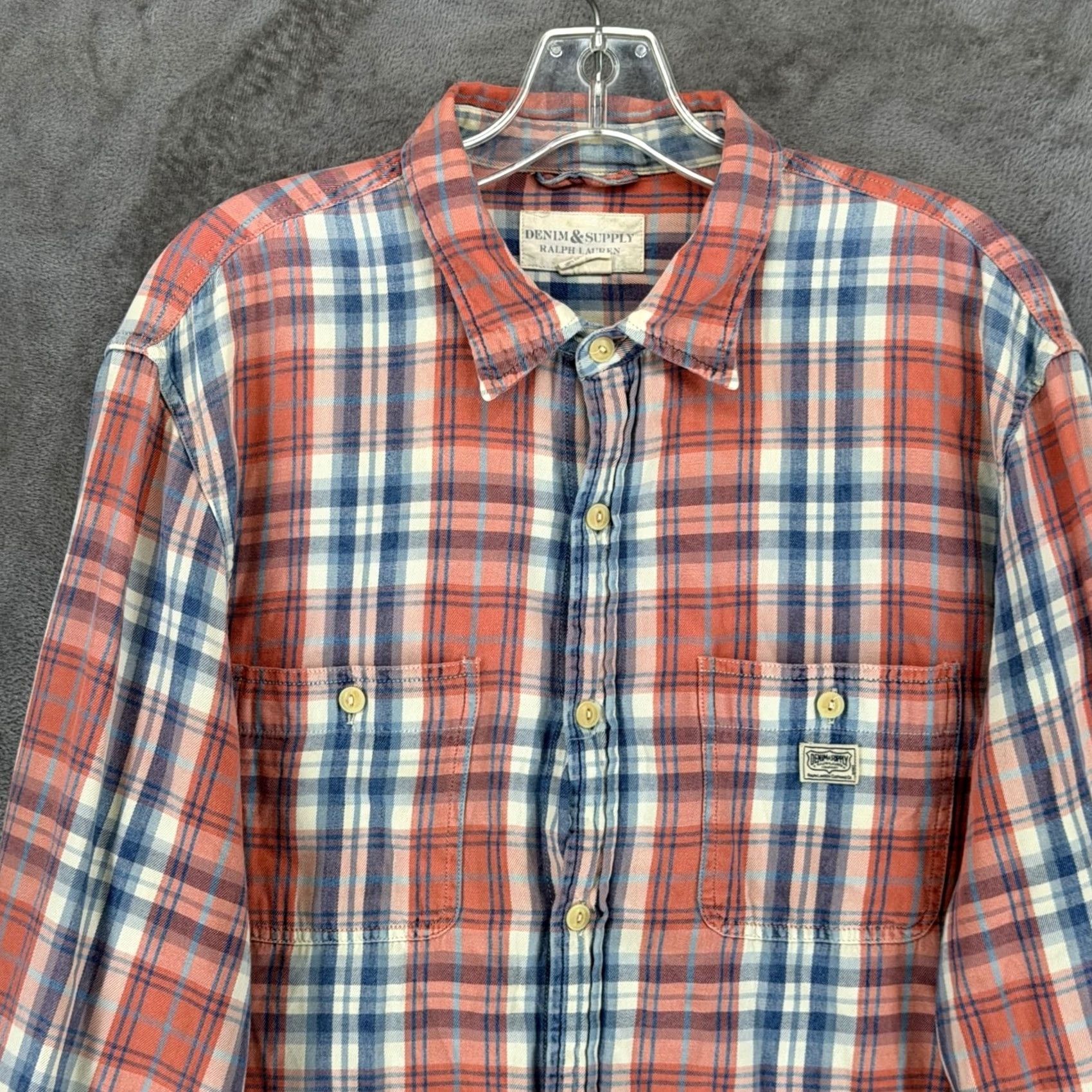 Vintage Denim & Supply Ralph Lauren Mens XL Plaid Button-Down Shirt Red Blue Cotton Size US XL / EU 56 / 4 - 2 Thumbnail