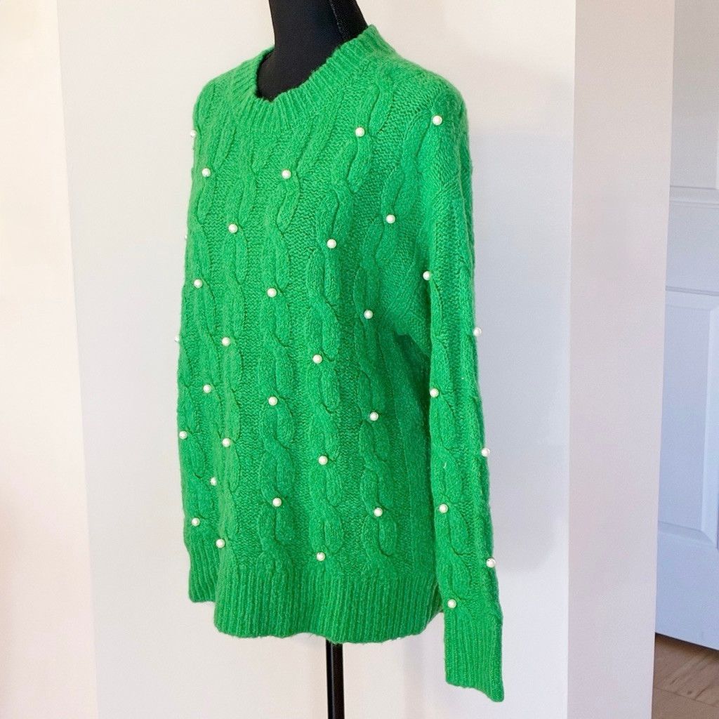 Other Skies are Blue Green Cable Knit Pearl Embellished Sweater XS Size XS / US 0-2 / IT 36-38 - 14 Thumbnail