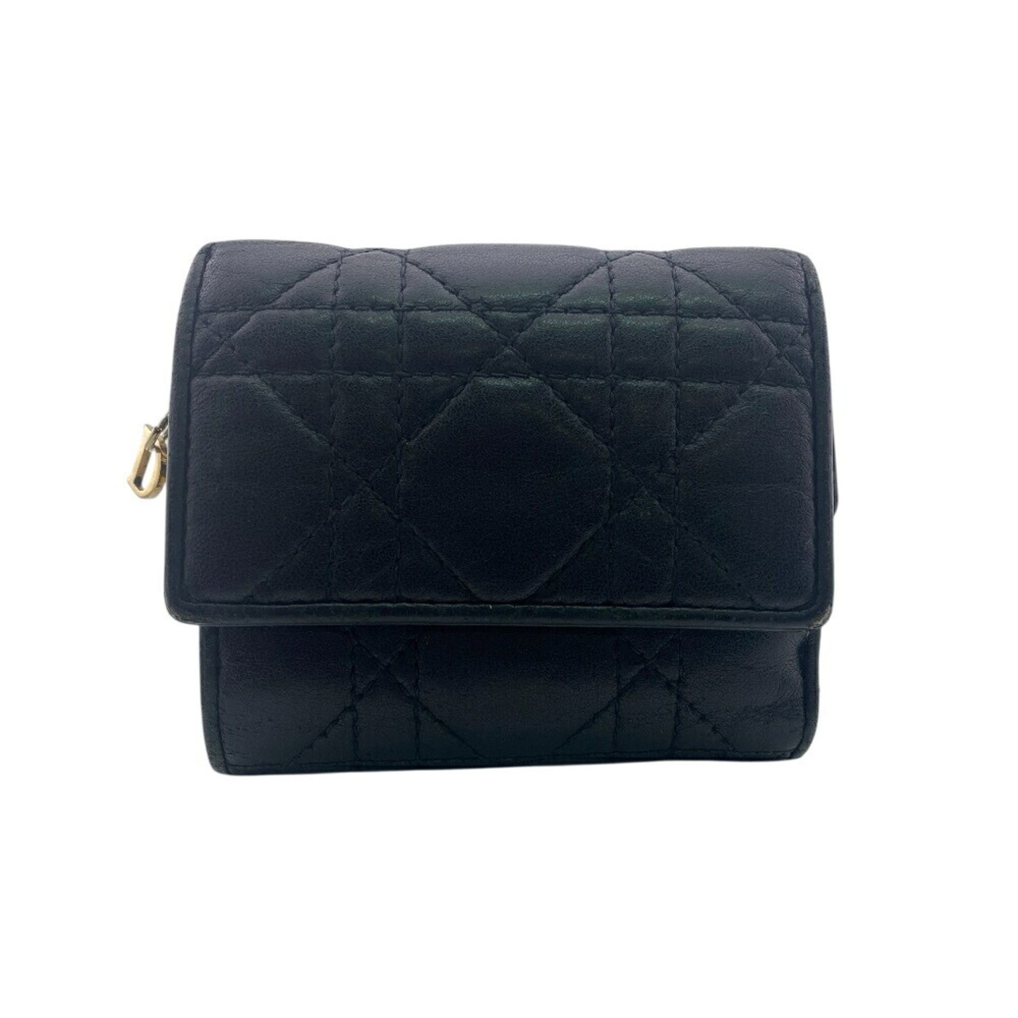 Dior Christian Dior Dior Lady Compact Wallet Cannage Tri-fold Black Women's Size ONE SIZE - 1 Thumbnail