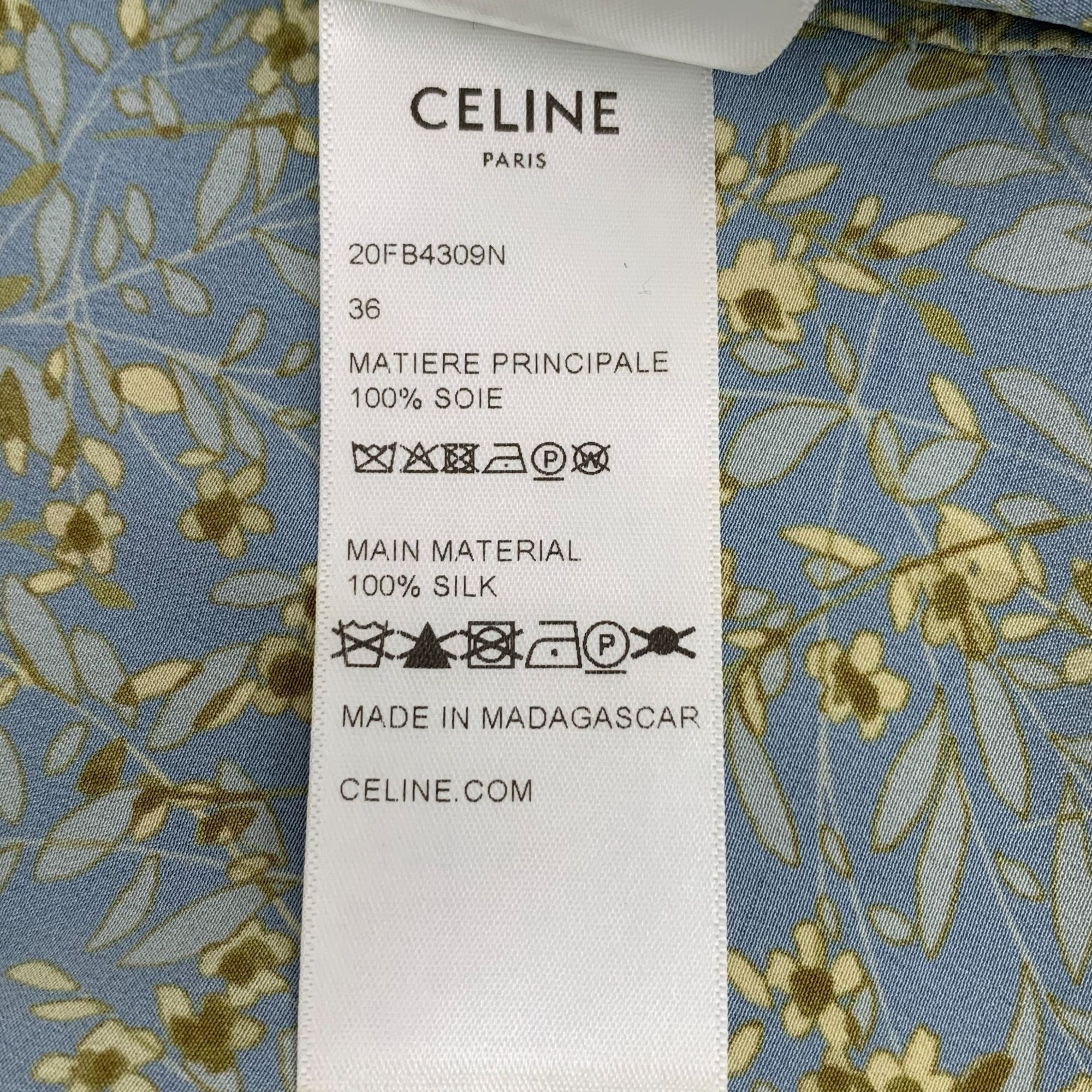 Celine Blue Floral Silk Bow Tie Short-Sleeved Shirt XS