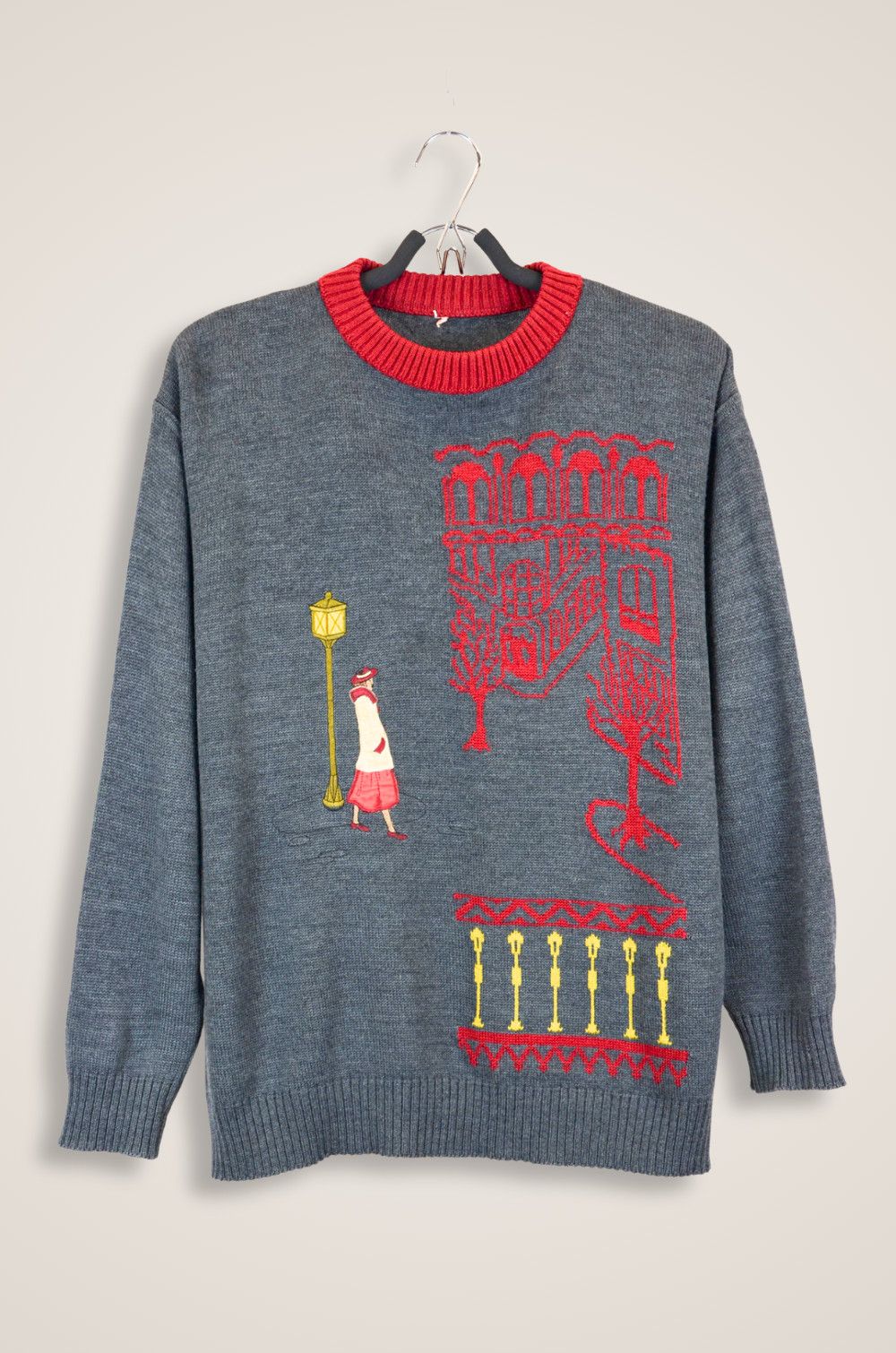 Vintage Belgian Wool Graphic Sweater Grey Red - Size XL