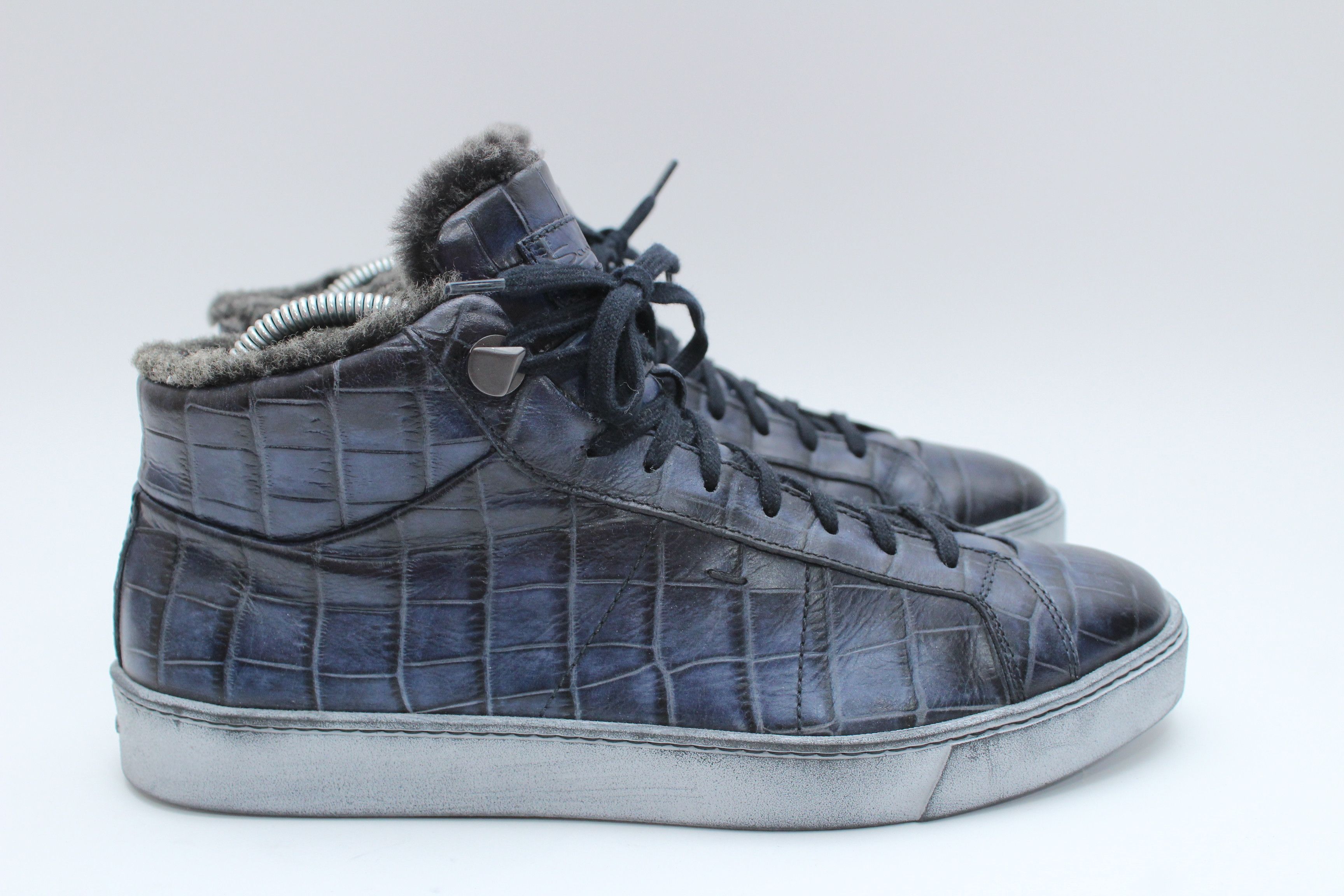 Santoni Santoni Navy Crocodile Embossed Leather Fur Lined Sneakers Size US 8 / EU 41 - 4 Thumbnail