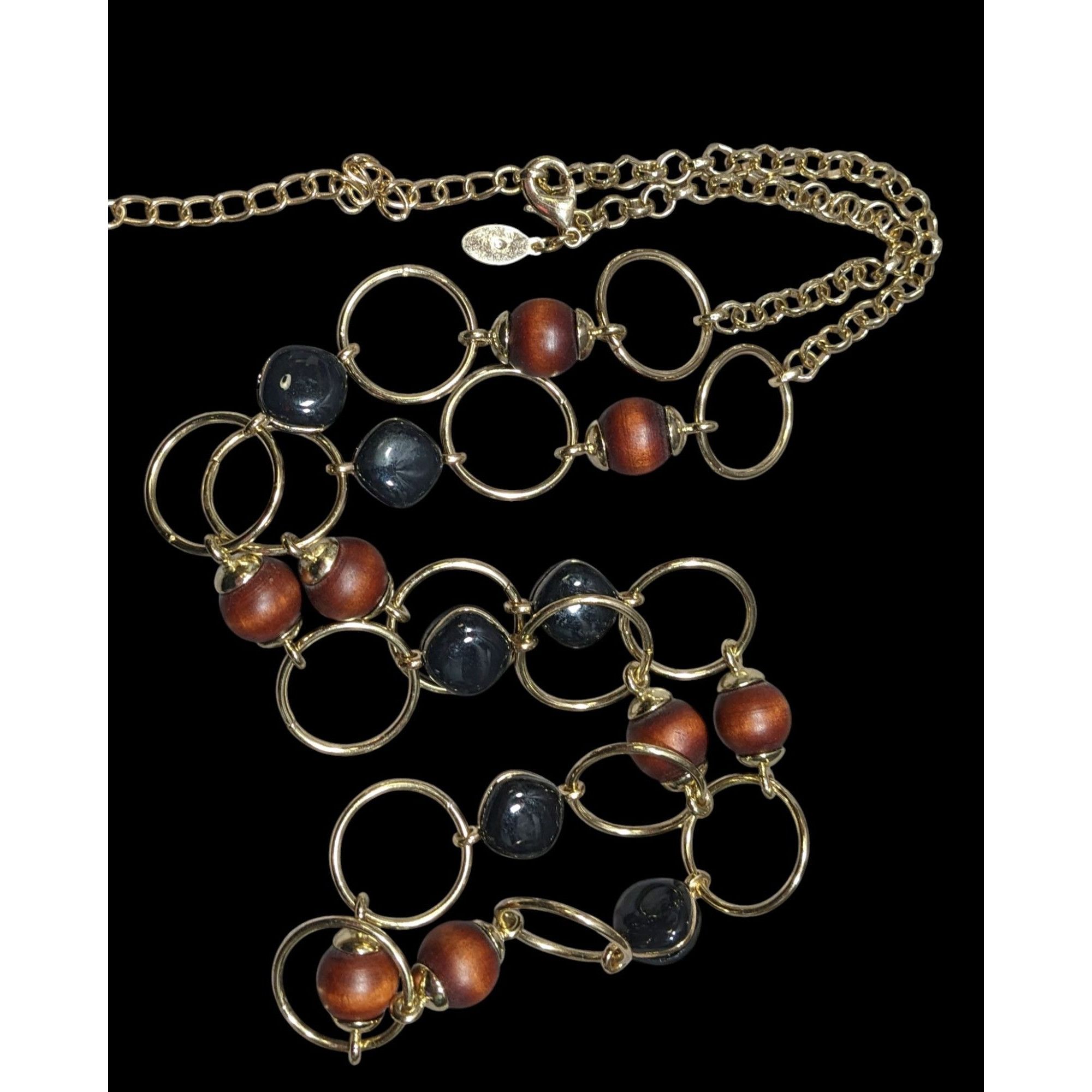 Chicos Chico's Brown And Black Beaded Gold Tone Ring Link Necklace Size ONE SIZE - 1 Thumbnail