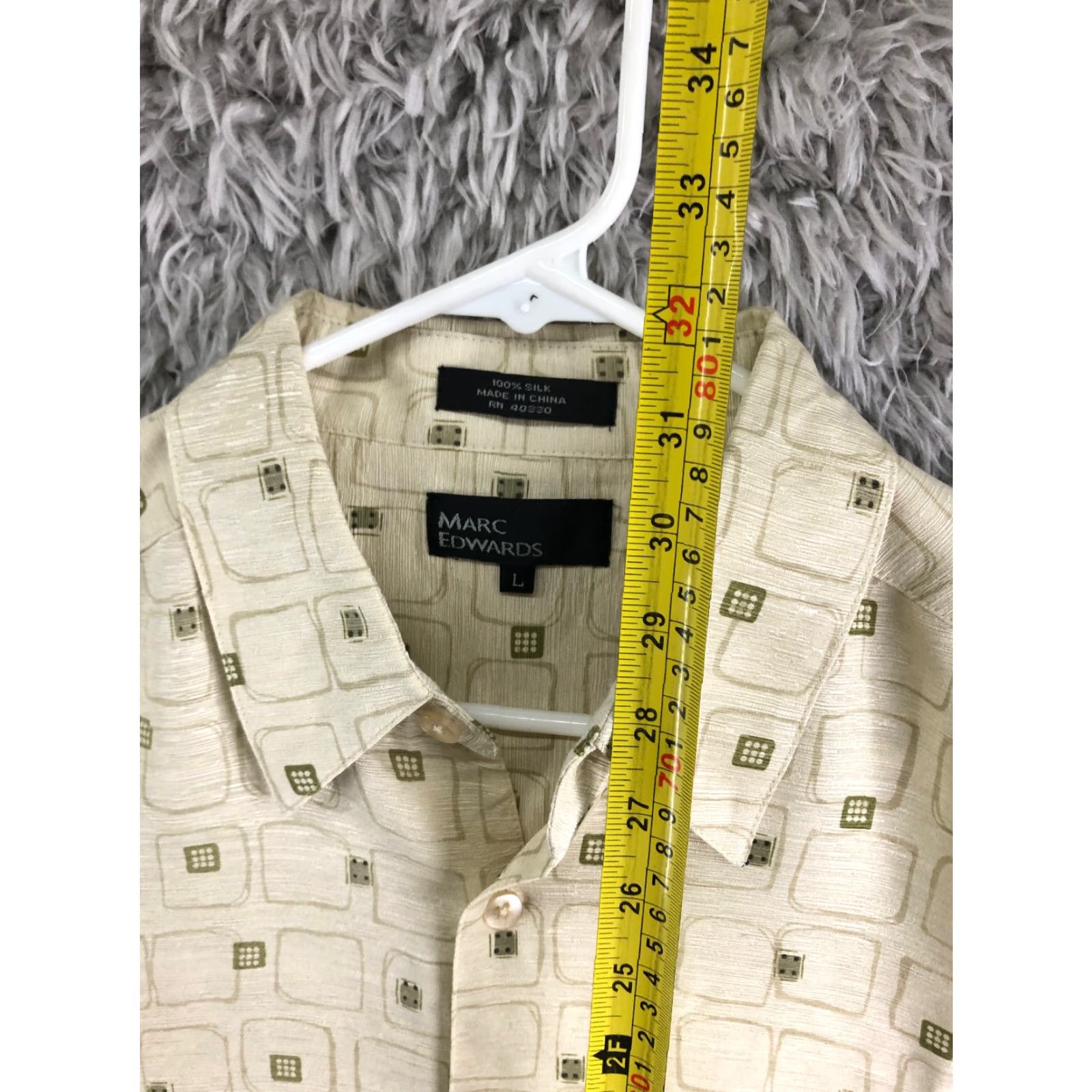 Marcs Marc Edwards Silk Button-Up Shirt Mens Large Beige Short Sleeve Point Collar Regular Fit Geometric Pattern"} Size US L / EU 52-54 / 3 - 3 Thumbnail