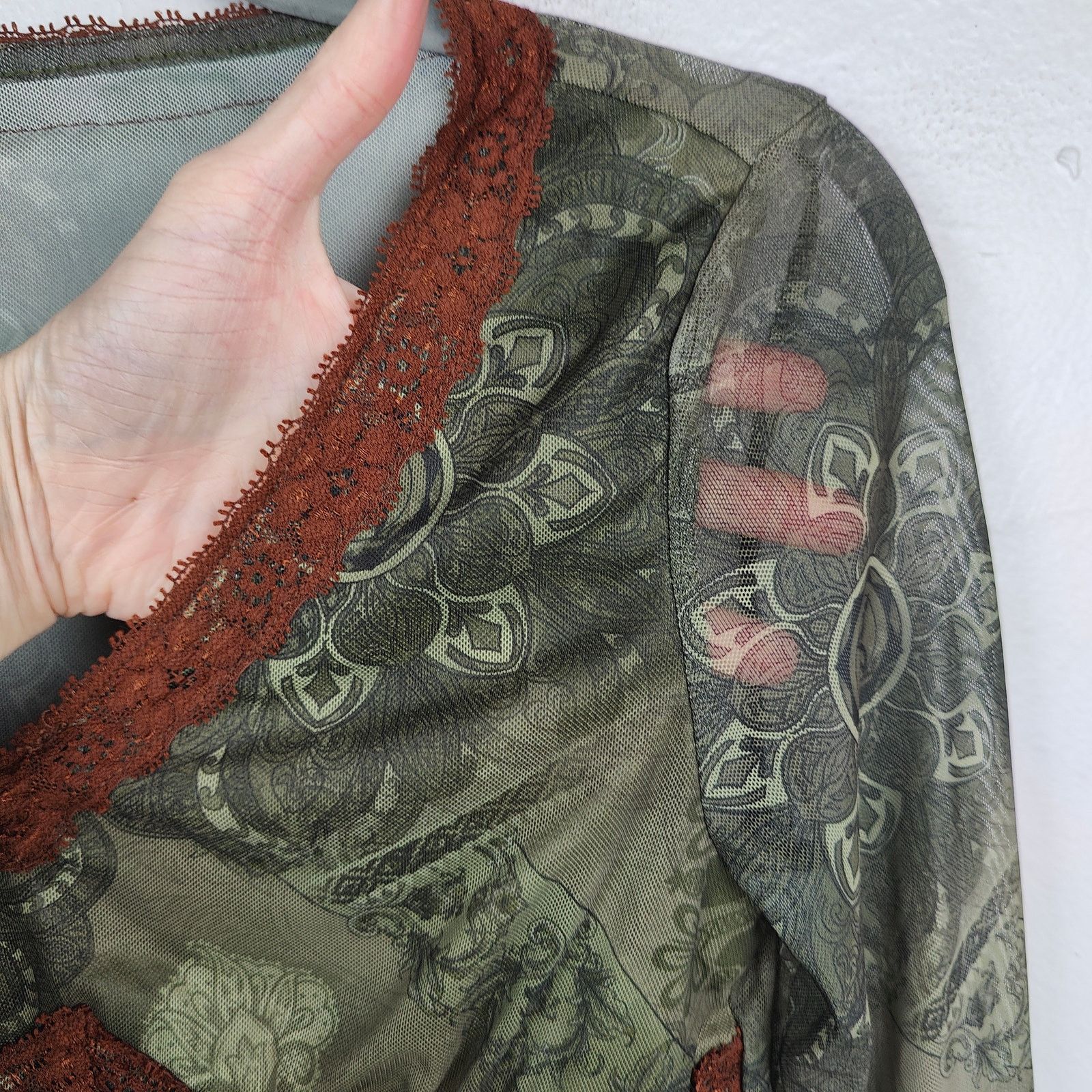 Other Vintage Y2K Mesh Top Womens Small Green Printed Semi-Sheer Size S / US 4 / IT 40 - 3 Thumbnail