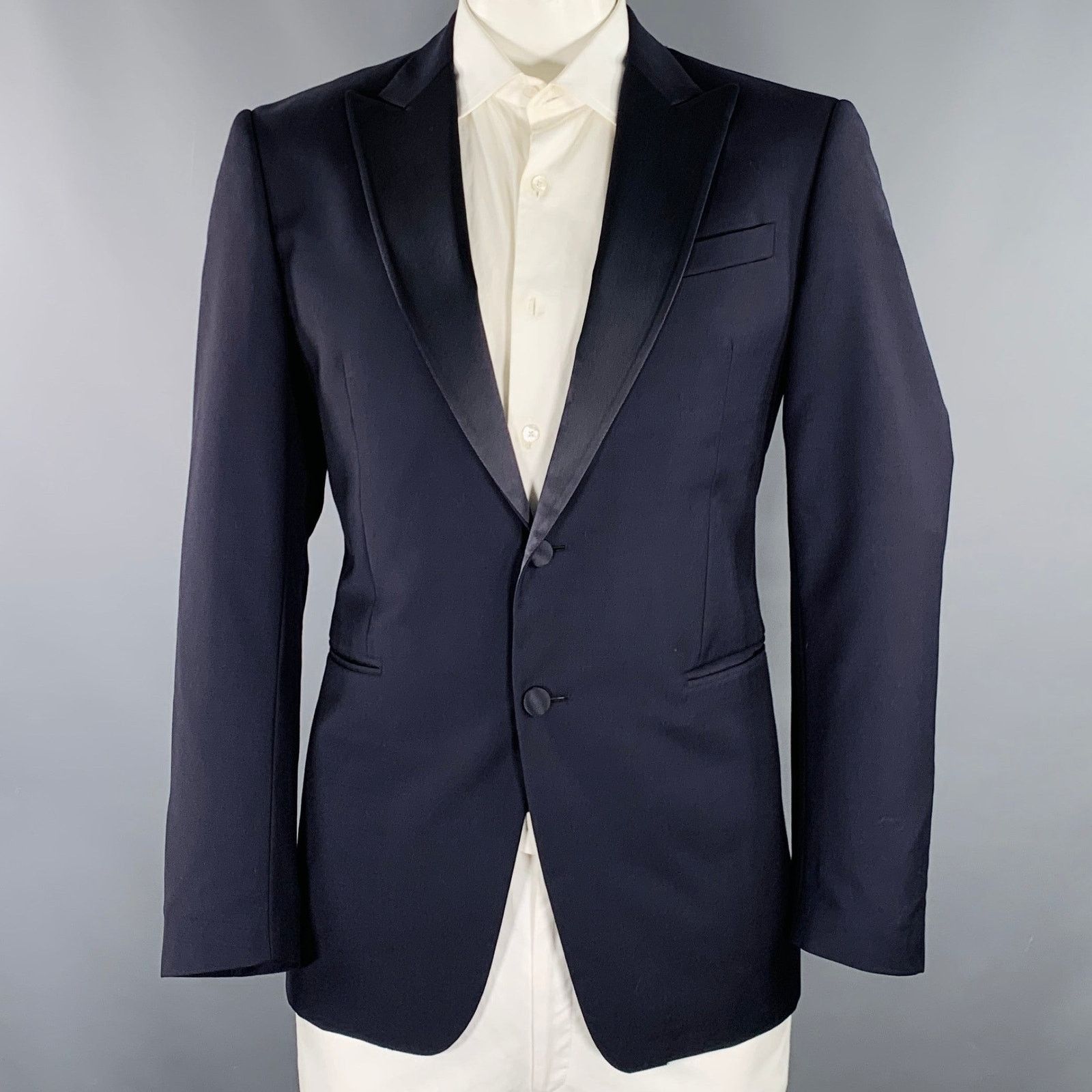 John Varvatos Navy Black Virgin Wool Mohair Peak Lapel Tuxedo Jacket Size US L / EU 52-54 / 3 - 1 Thumbnail