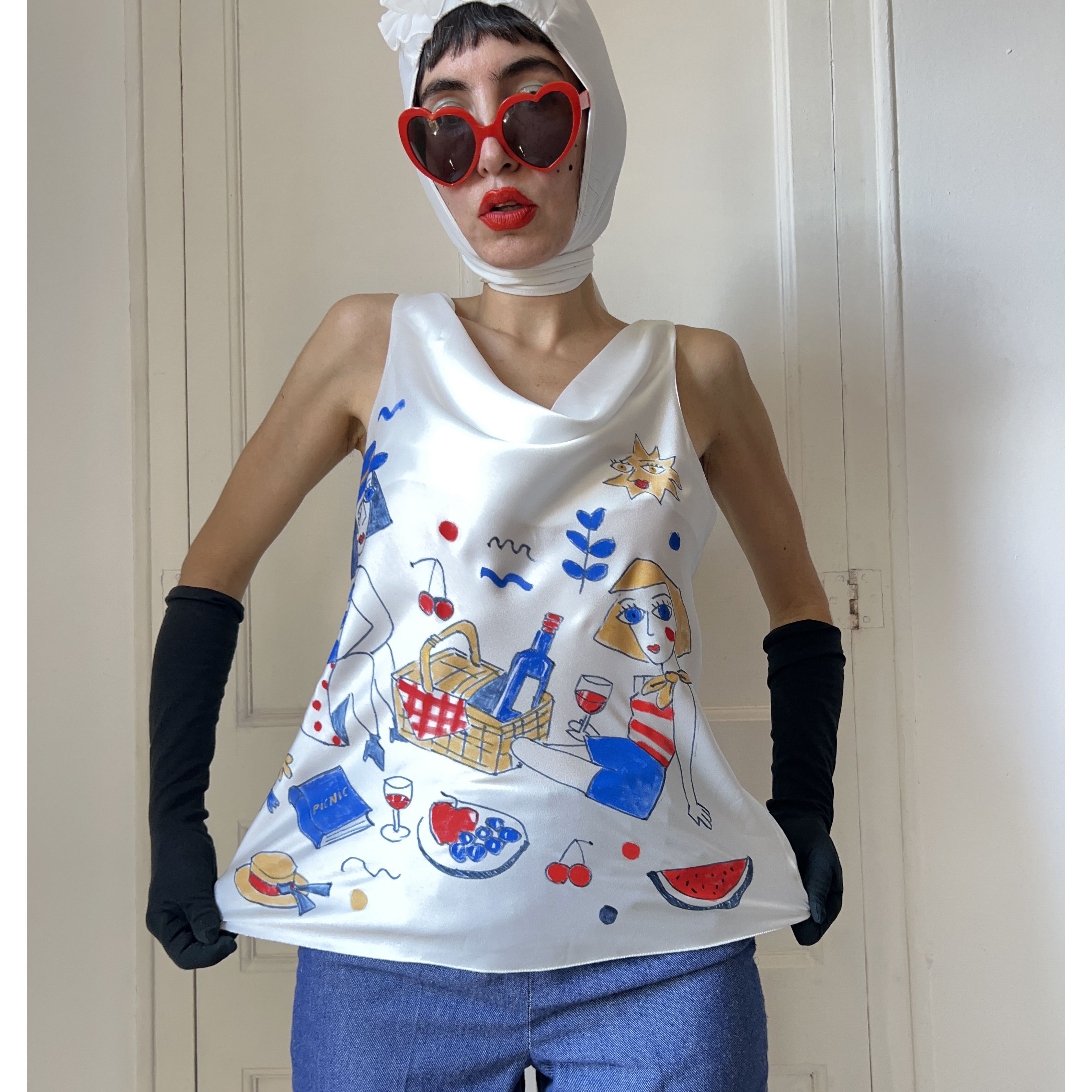 Custommade Hand Painted Picnic Satin Wearable Art Tank Top Size M / US 6-8 / IT 42-44 - 1 Thumbnail