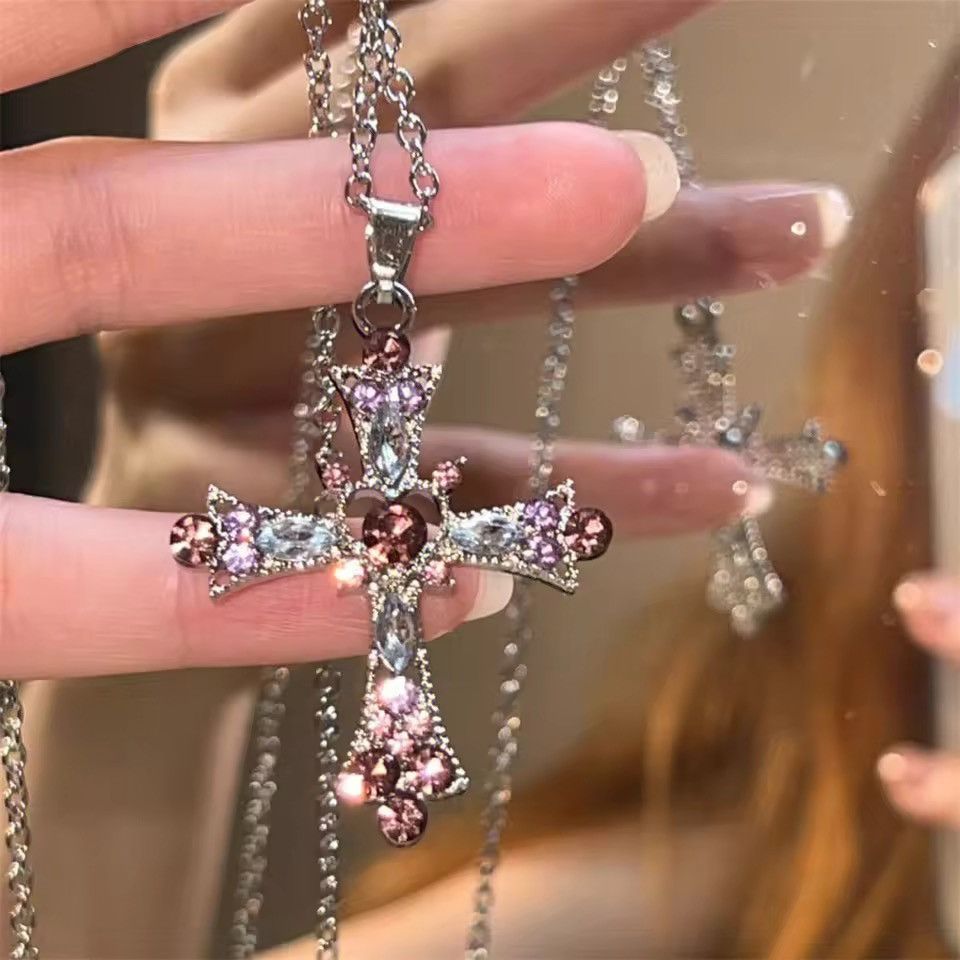 VIBE Y2K Cross Necklace Punk Gothic Crystal Chain Size ONE SIZE - 2 Thumbnail